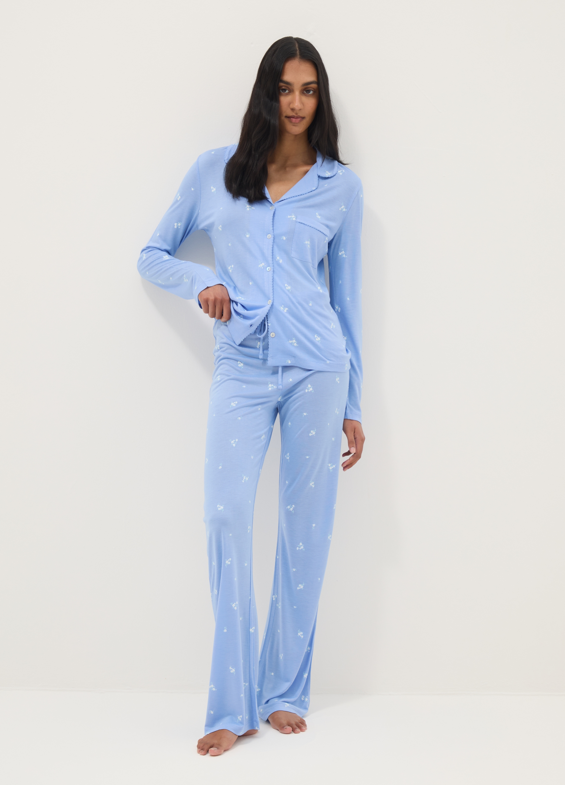 Pijama Azul De Pura Viscosa Ajuste Regular Con Motivo Floral, Mujer, Azul Azur, Talla: XXL