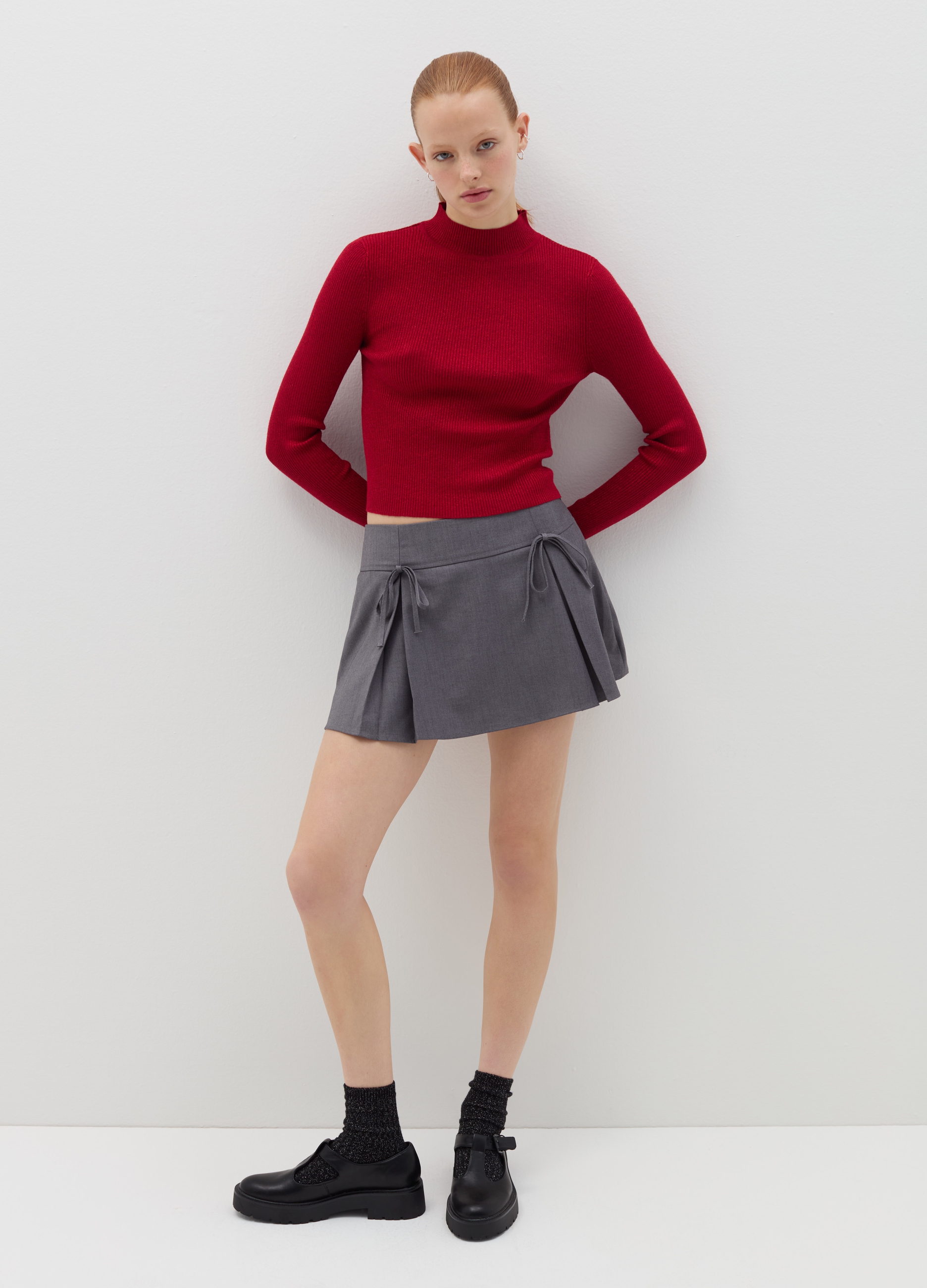 Camiseta Corta De Lurex Cuello Mock, Mujer, Rojo Geranio, Talla: 40