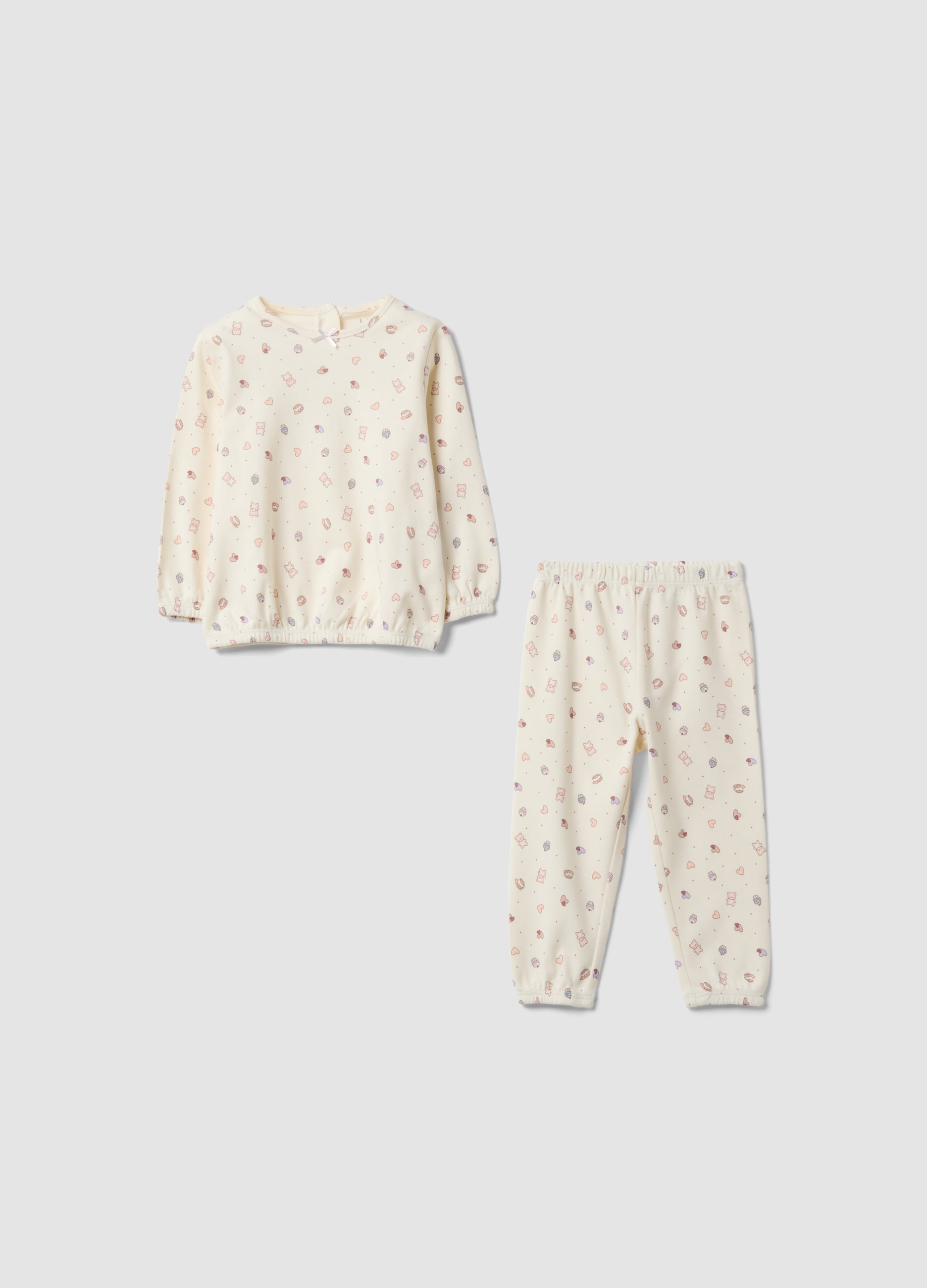 FAGOTTINO, Pigiama Bianco In Puro Cotone Organico Con Fantasia Cuori E Orsetti Per Neonata, Bambina, Bianco, Taglia: 12-18