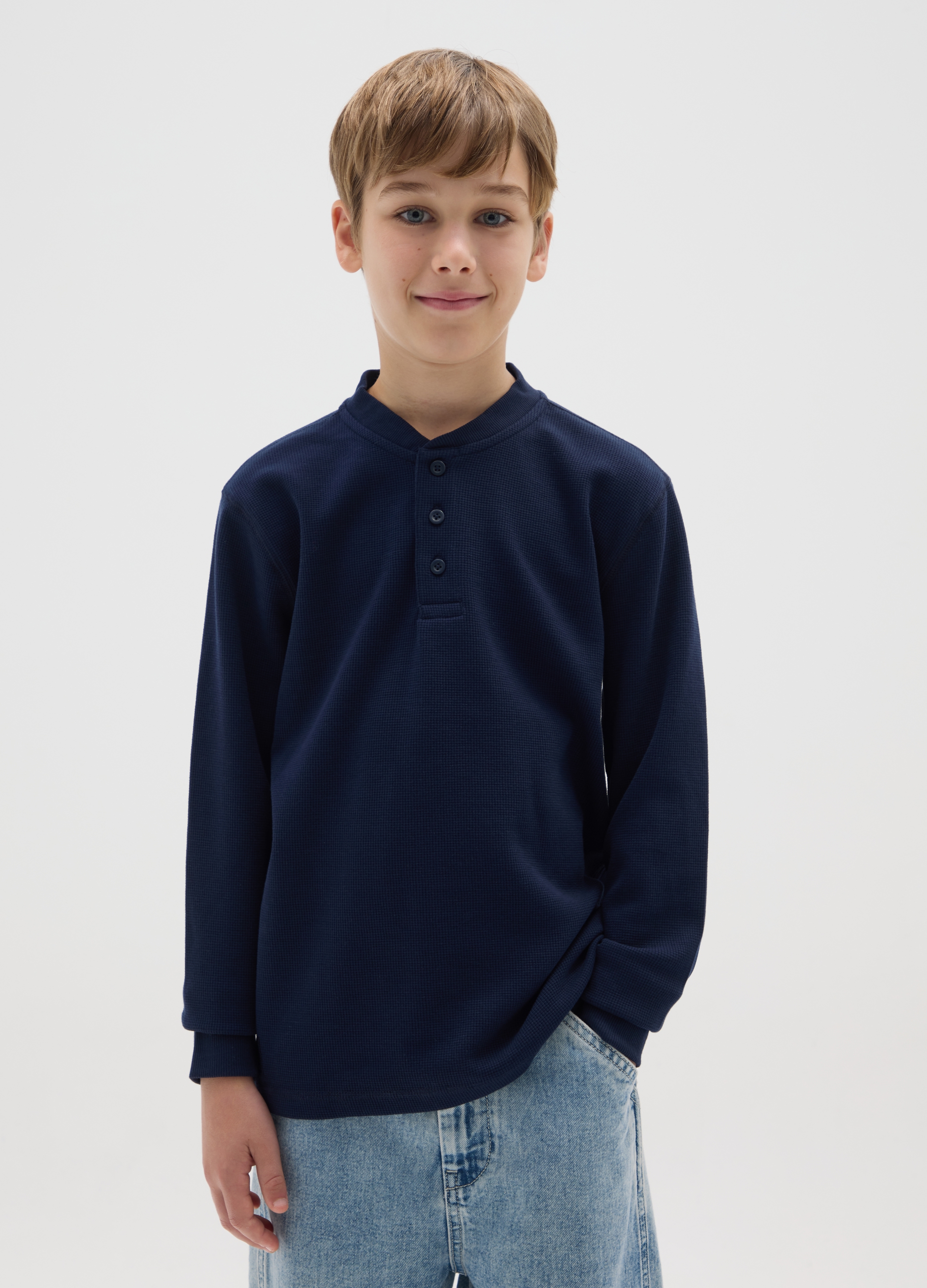 OVS KIDS, Maglia Henley Da Ragazzo In Cotone Blu Regular Fit, Bambino, Blu, Taglia: 10-11