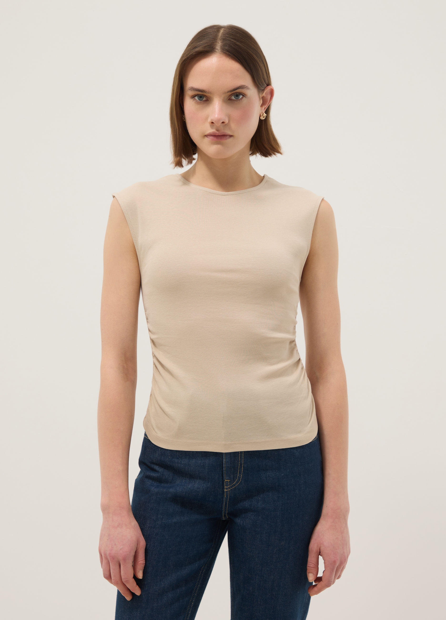 Camiseta Sin Mangas Beige De Algodón Puro Ajuste Regular, Mujer, Beige Claro, Talla: 36