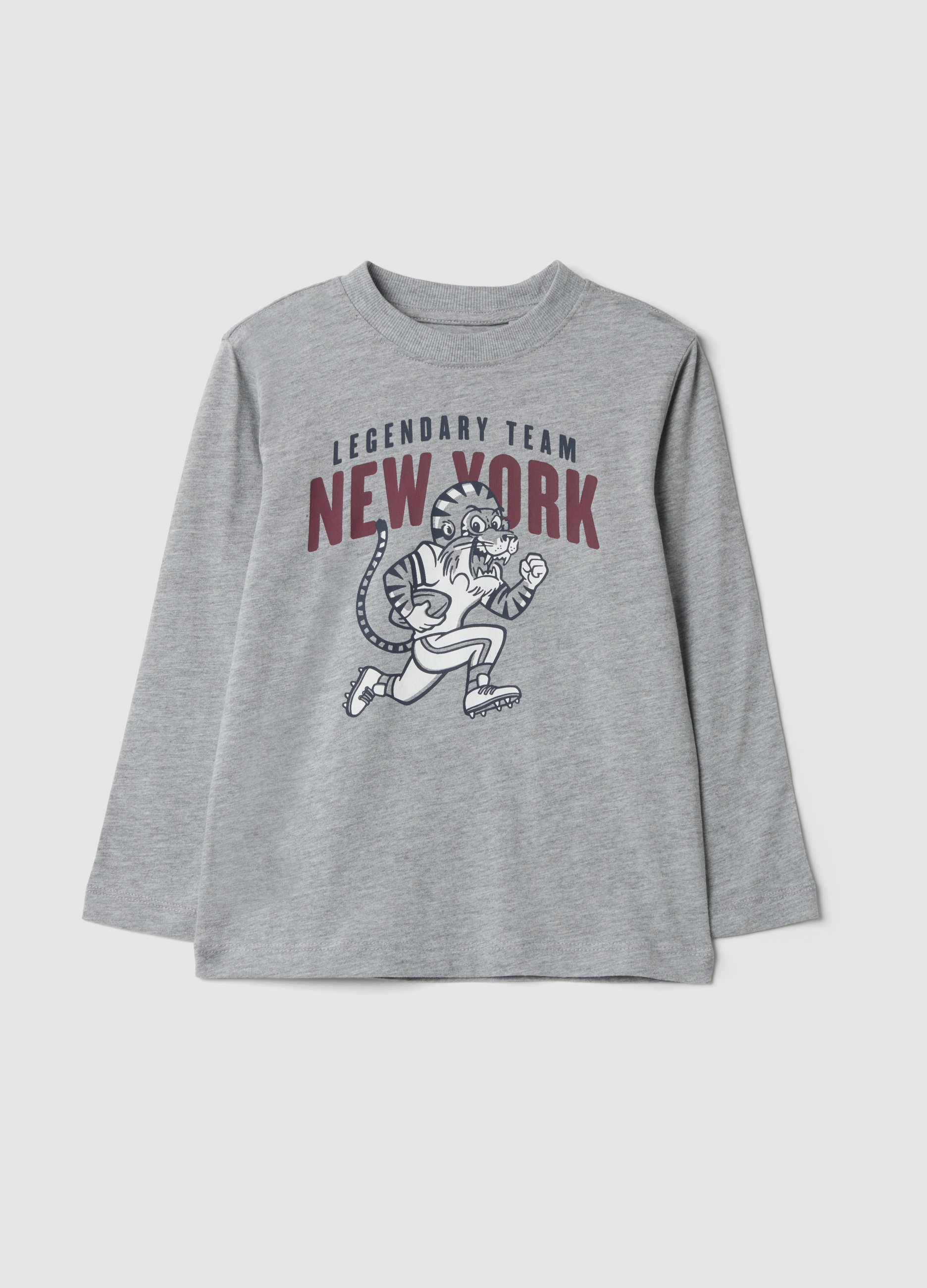 OVS KIDS, T-shirt Grigia In Puro Cotone Organico Con Stampa College, Bambino, Grigio, Taglia: 3-4