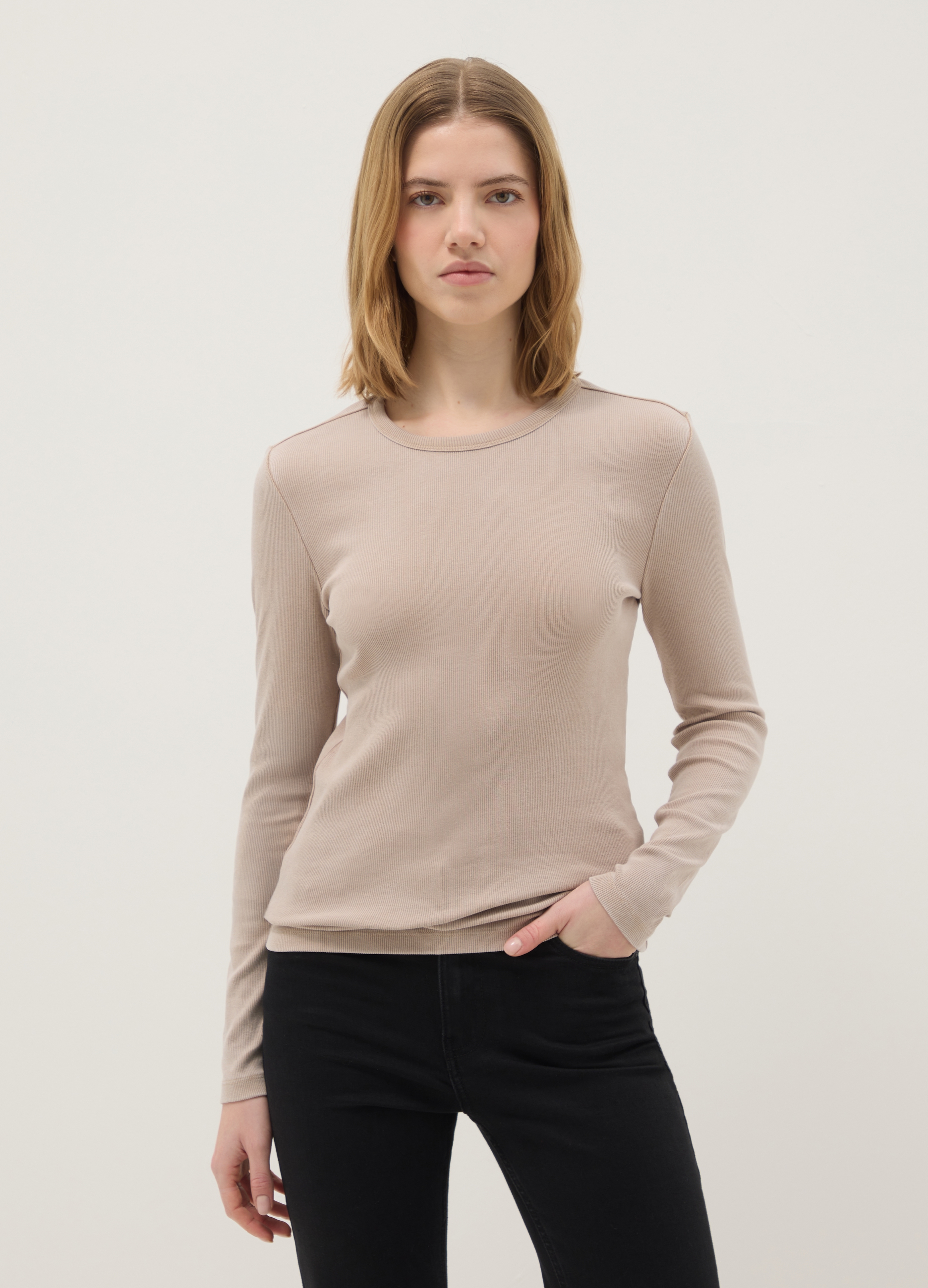 OVS, Maglia A Maniche Lunghe In Cotone Elasticizzato Marrone Regular Fit, Donna, Marrone, Taglia: S