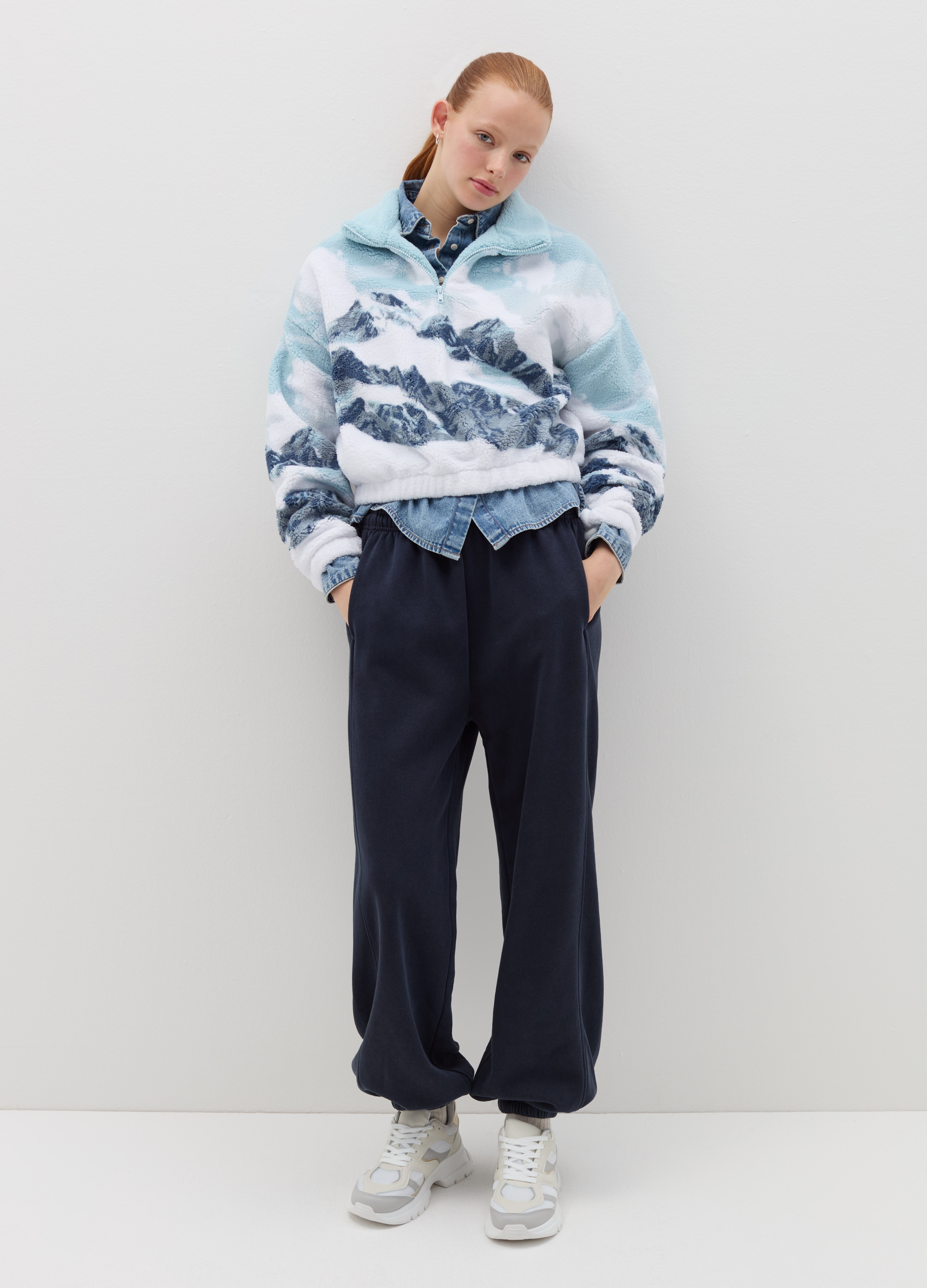 Sudadera Media Cremallera De Forro Polar, Mujer, Blanco/azul claro, Talla: 34