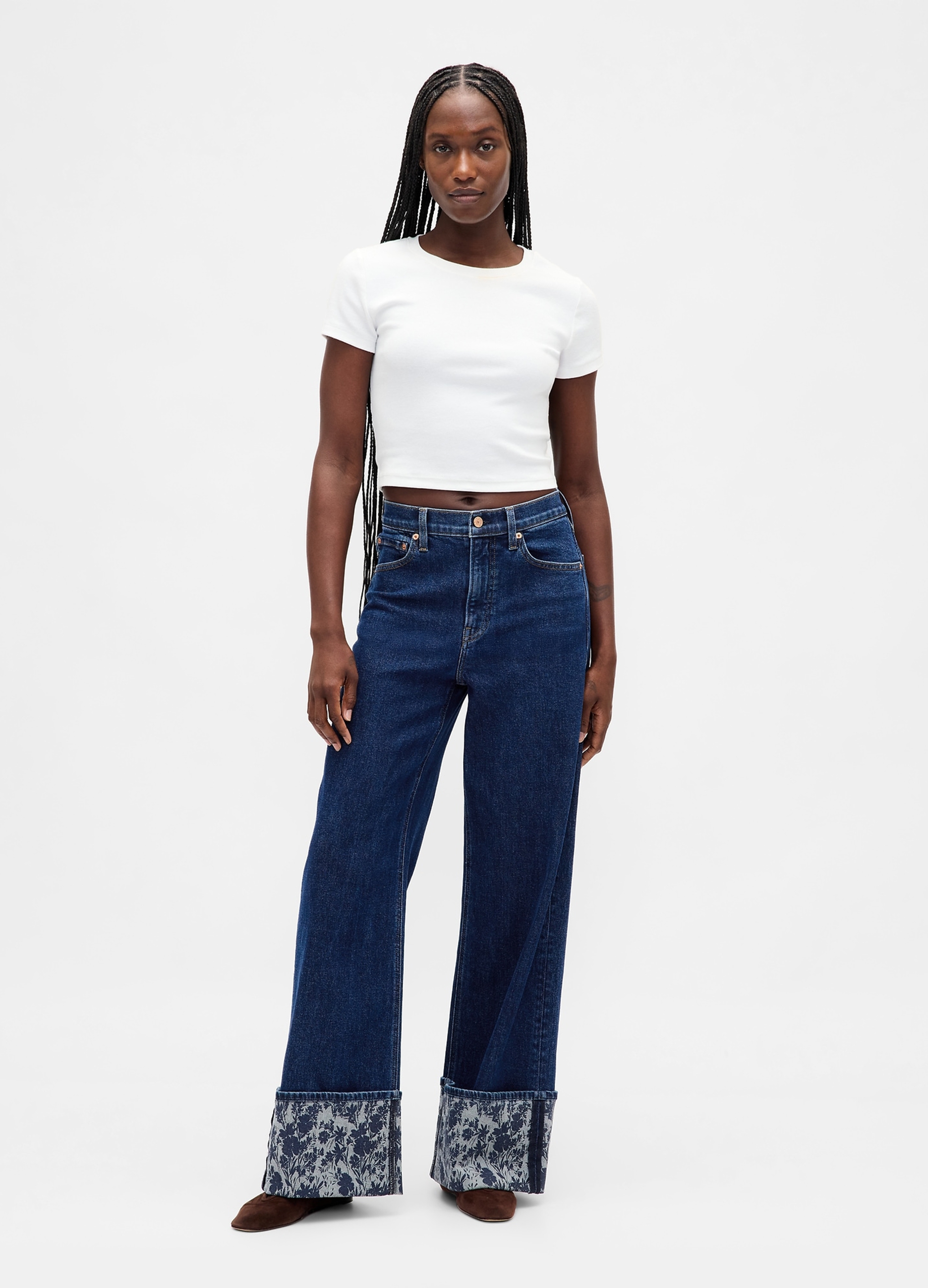 GAP, Pantaloni Larghi Con Risvolto Floreale, Donna, Denim, Taglia: 36 REGULAR