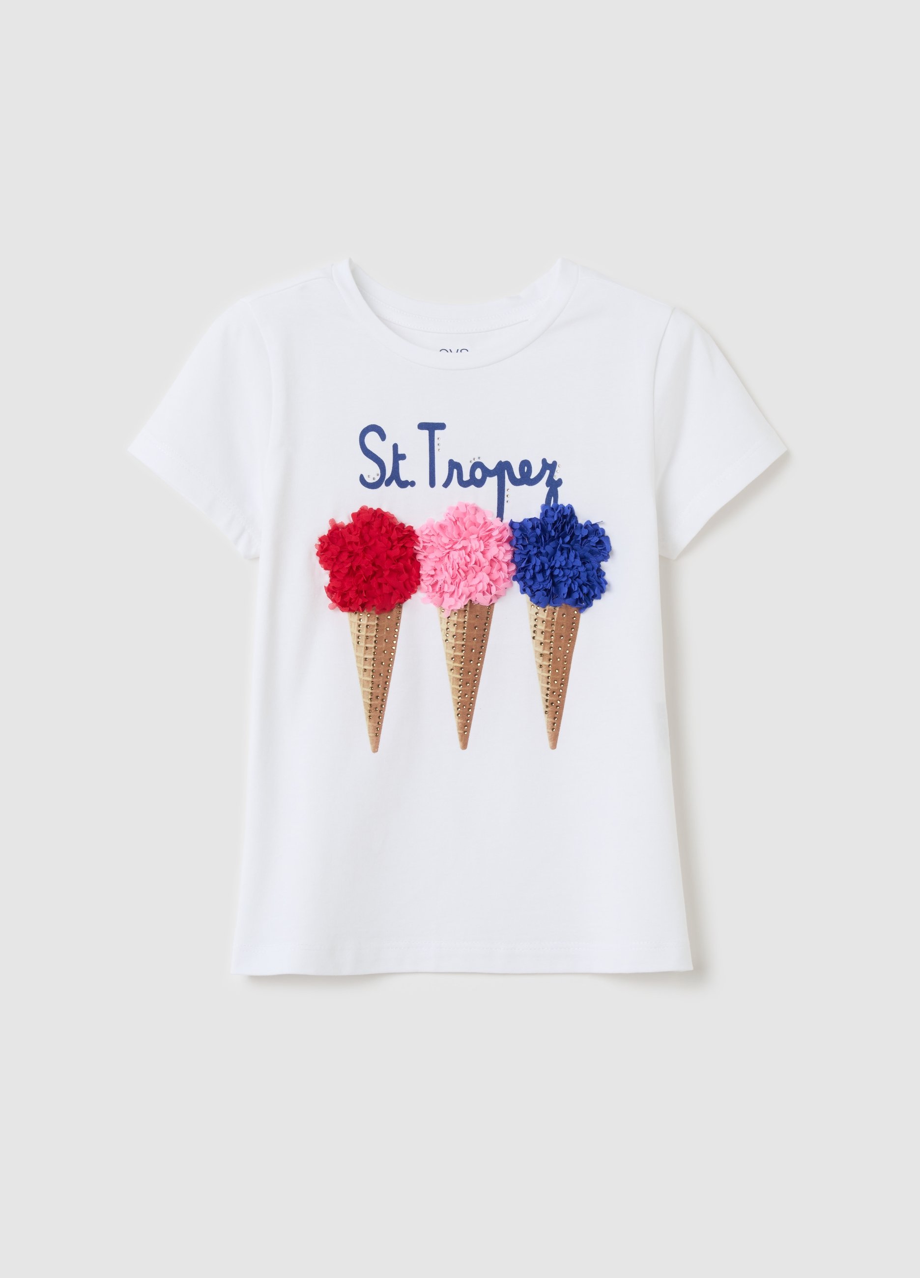 OVS, T-shirt st. Tropez Con Stampa Gelati E Applicazioni, Bambina, Bianco, Taglia: 3-4