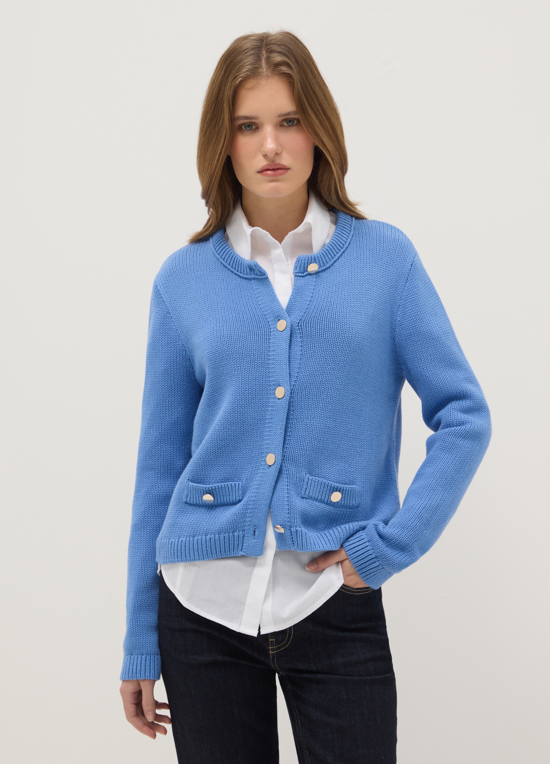 Cardigan Azul Ajuste Regular En Puro Algodón Con Botones, Mujer, Azul suave, Talla: 38