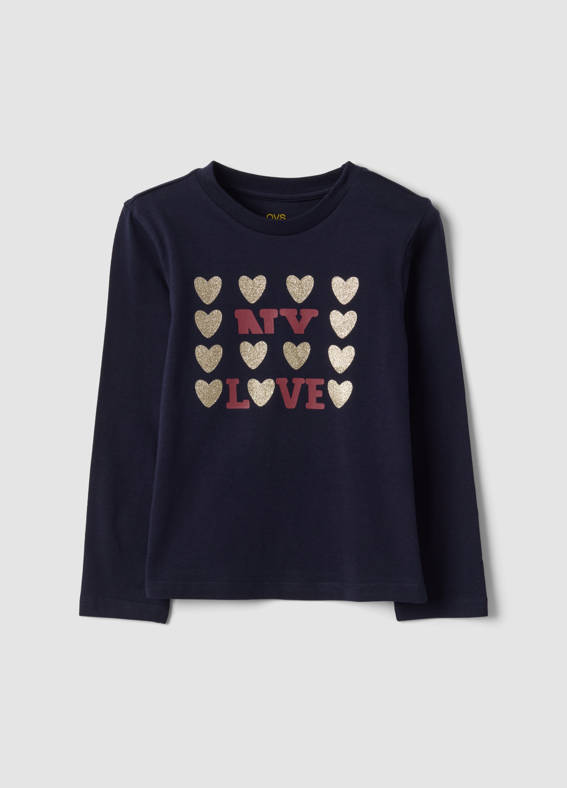 OVS KIDS, T-shirt Blu In Puro Cotone Organico Con Stampa Cuori Glitterati Per Bambina, Blu, Taglia: 3-4