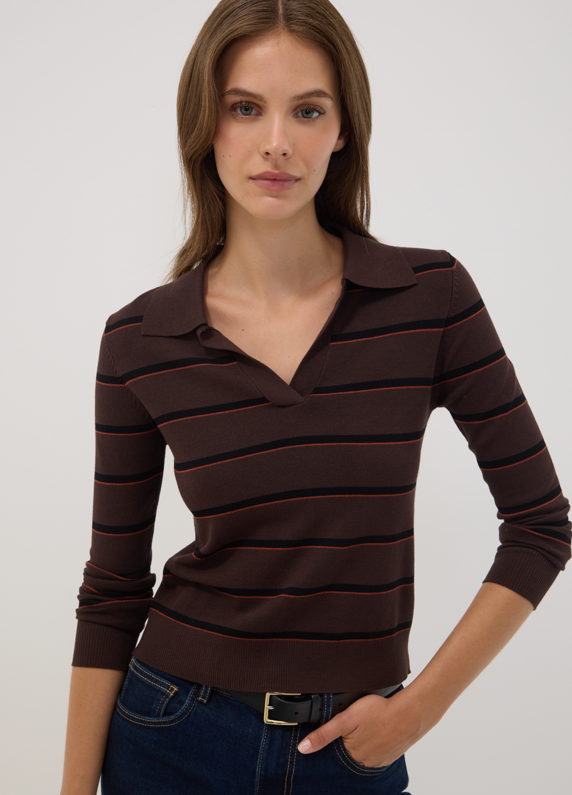 OVS, Maglia Marrone In Misto Viscosa Con Colletto Polo Regular Fit, Donna, Marrone, Taglia: M