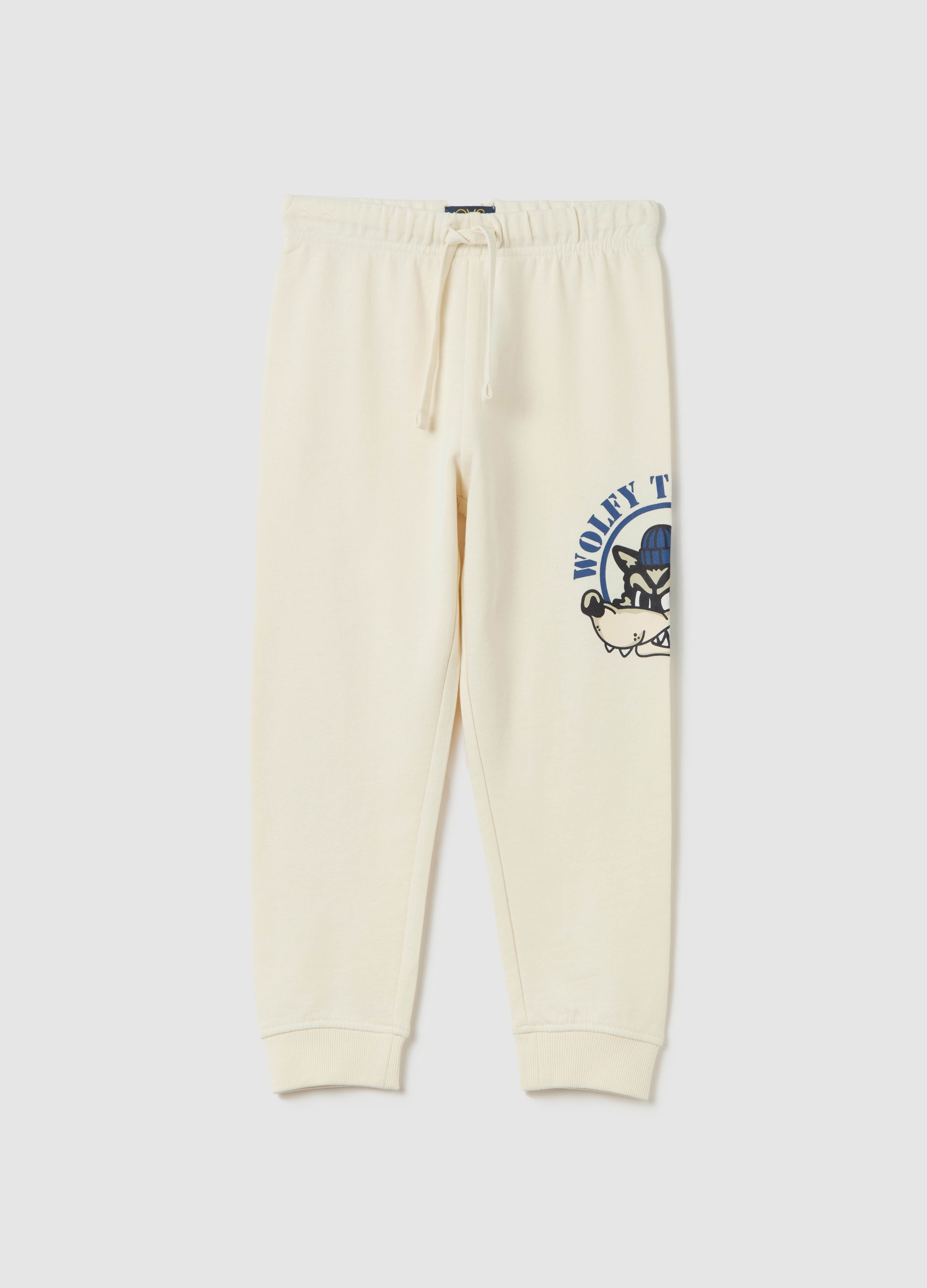 Joggers De Felpa Con Cordón De Ajuste Y Estampado, Niño, Blanco crema, Talla: 5-6