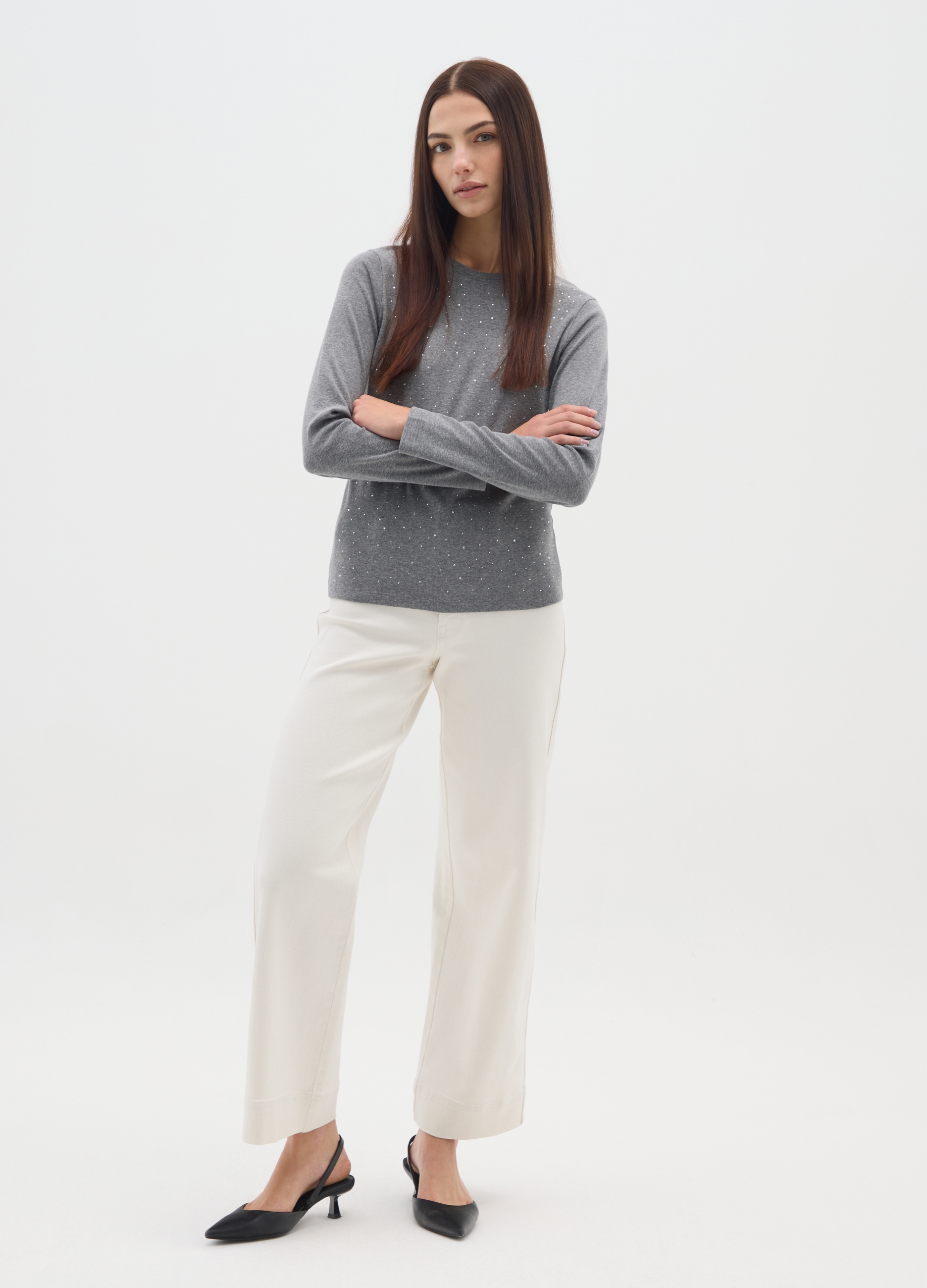 Camiseta Gris De Manga Larga En Puro Algodón Regular Fit Con Strass, Mujer, Gris jaspeado, Talla: 42