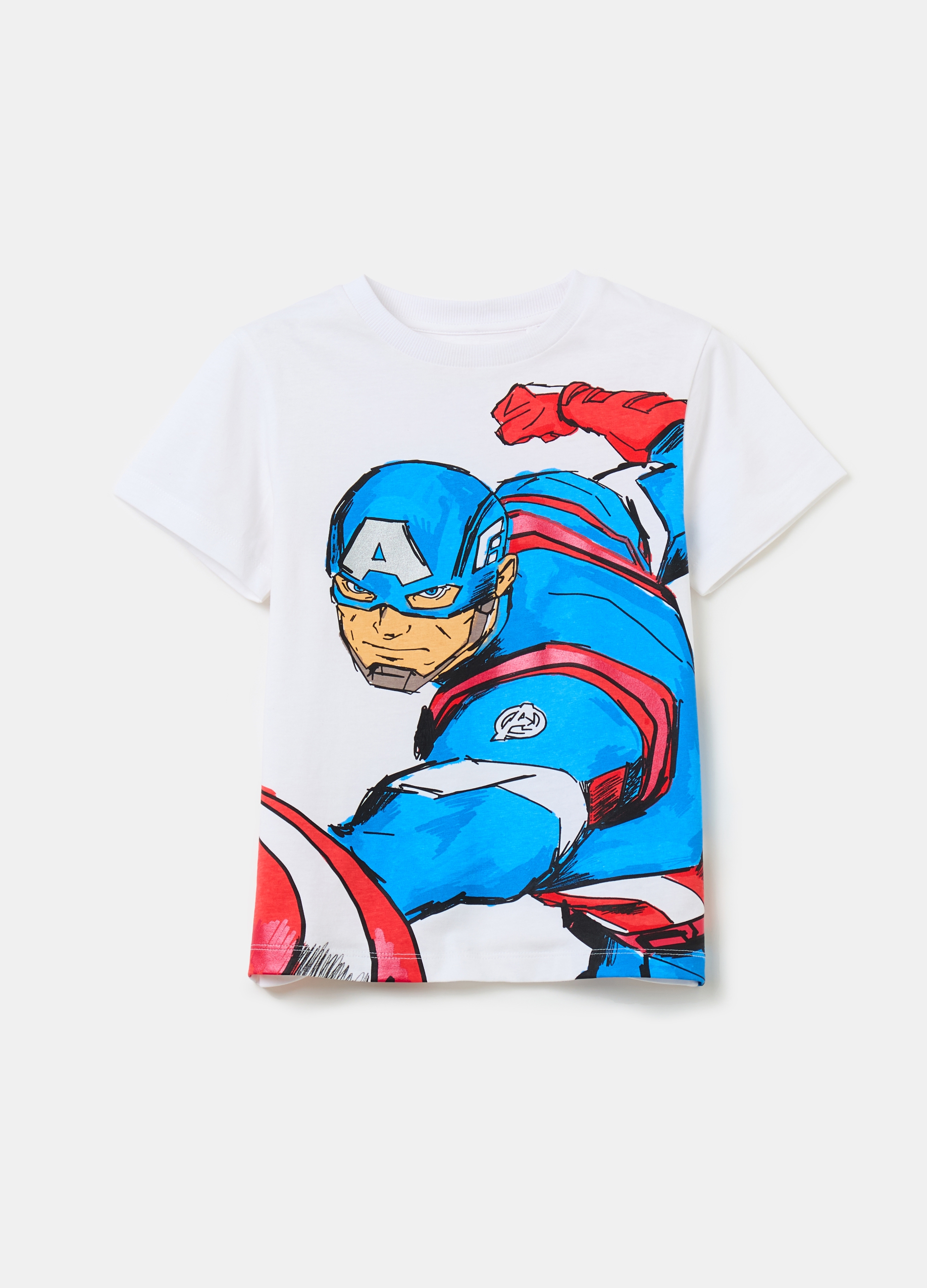 OVS, T-shirt In Cotone Stampa Captain America, Bambino, Bianco, Taglia: 6-7