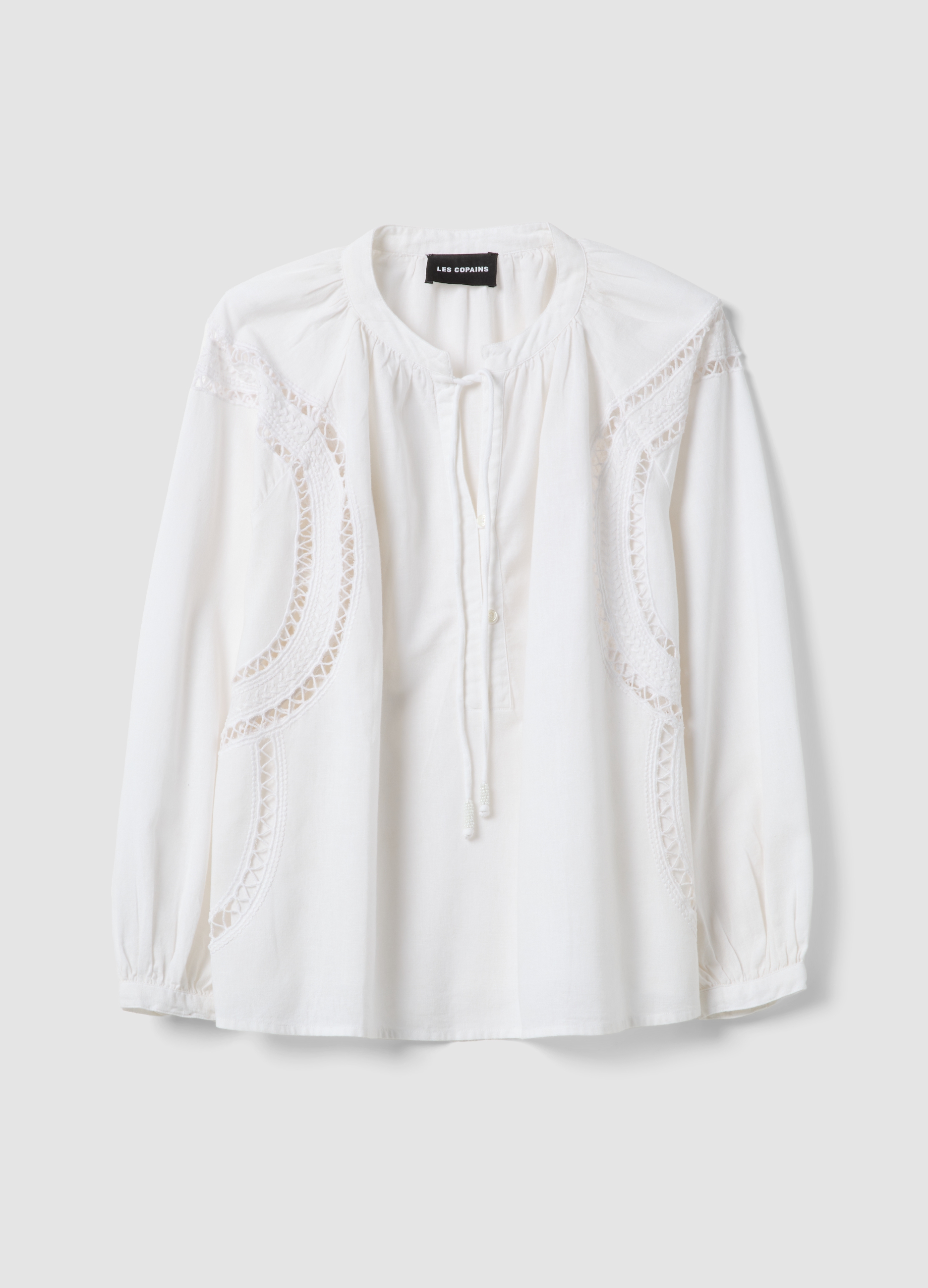LES COPAINS, Blusa Blanca Ajustada De Mezcla De Algodón Y Lino Con Detalles Calados, Mujer, Blanco roto, Talla: 38