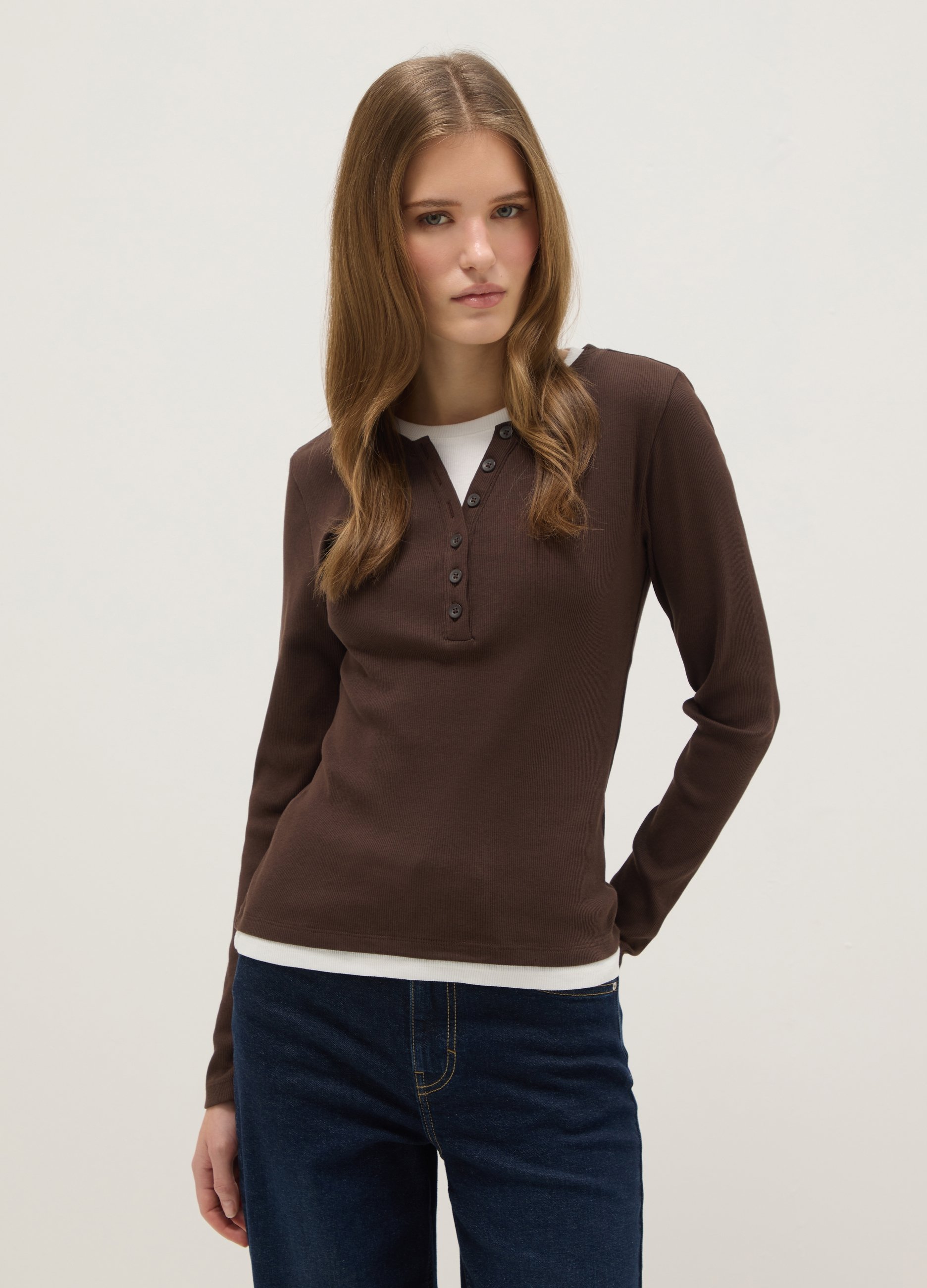 Jersey Multicolor De Manga Larga En Algodón Puro, Ajuste Regular, Mujer, Blanco/marrón, Talla: 36