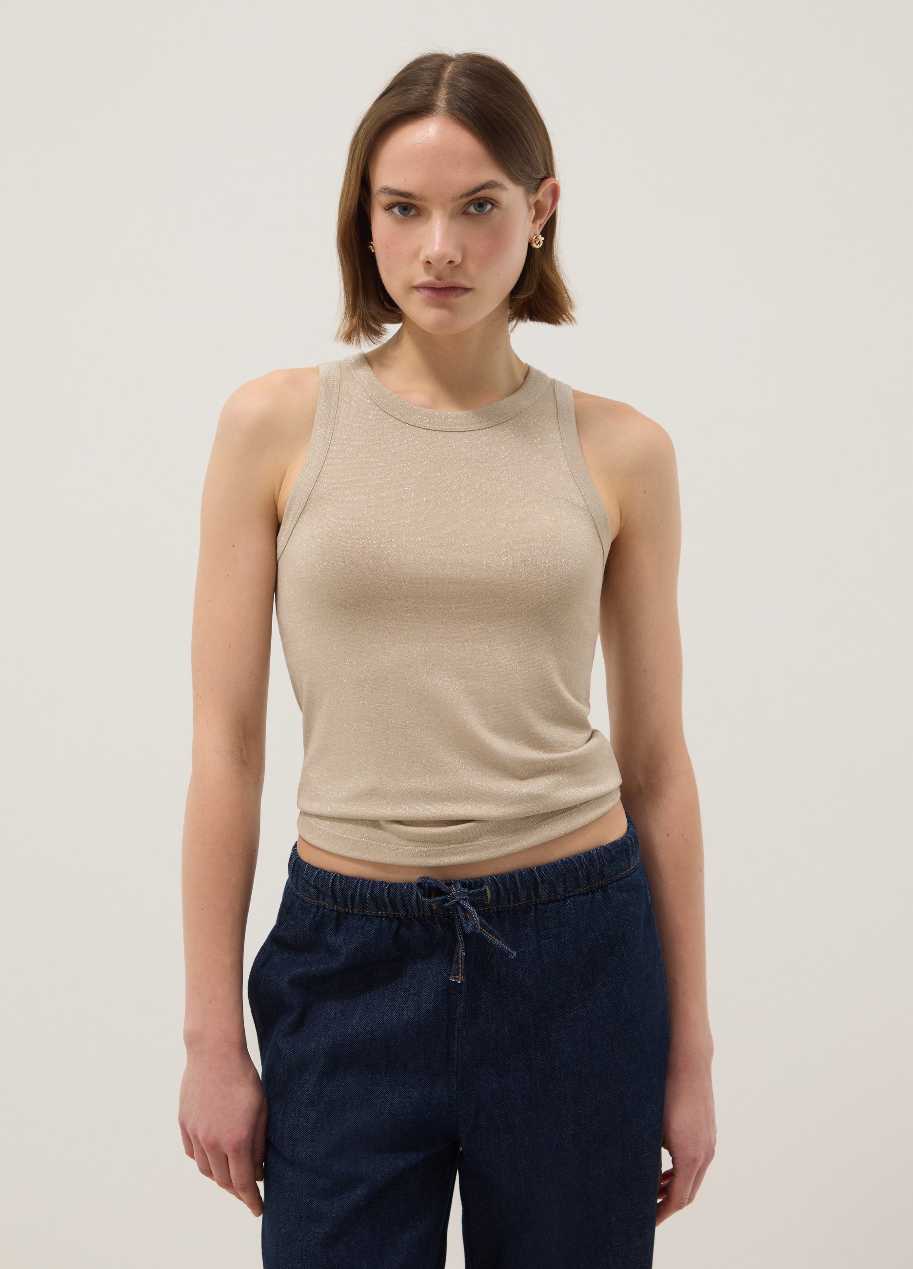 OVS, Top Glitterato Beige Regular Fit Con Spalline Sottili, Donna, Beige, Taglia: L