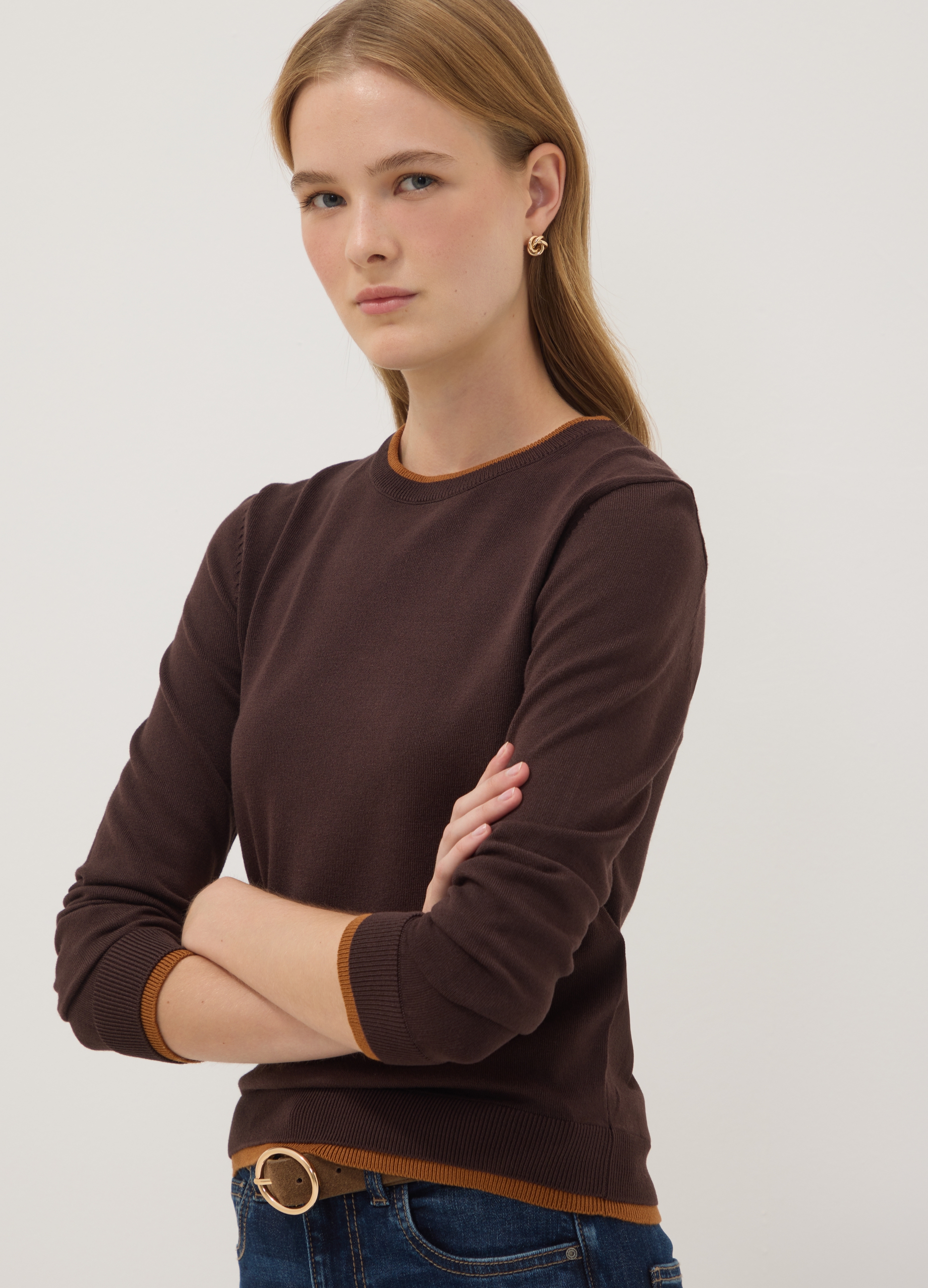 OVS, Maglia Marrone In Misto Viscosa A Maniche Lunghe, Donna, Marrone, Taglia: S