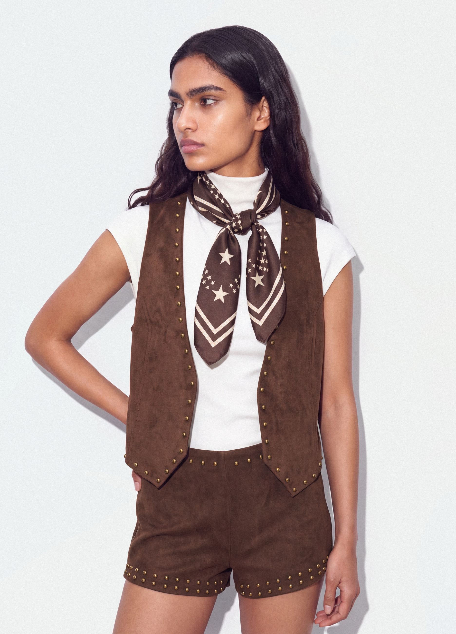 B.ANGEL, Gilet Marrone In Tessuto Elasticizzato Con Borchie Regular Fit, Donna, Marrone, Taglia: XS