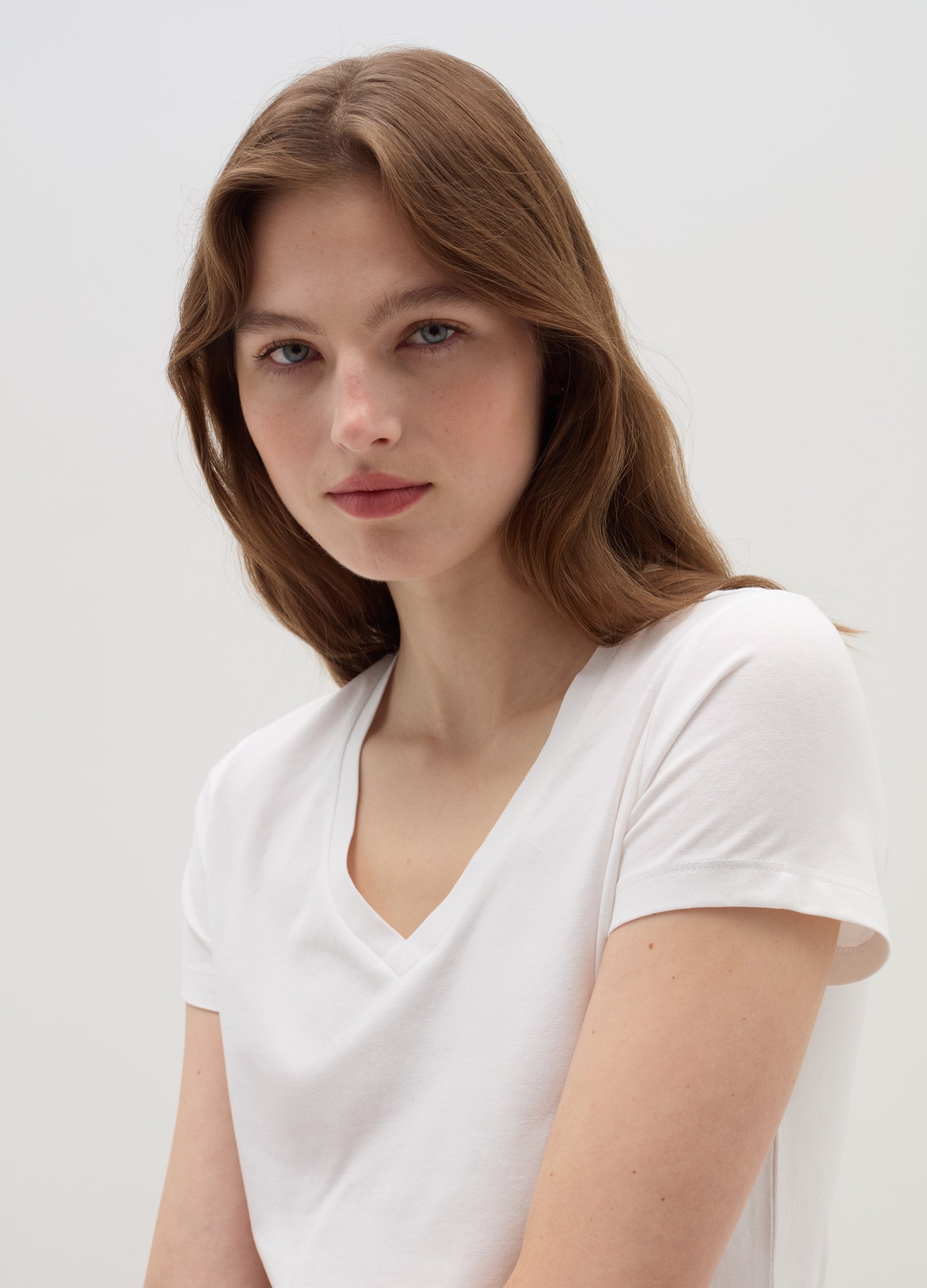 OVS, T-shirt Tinta Unita Con Scollo A V, Donna, Bianco, Taglia: XL