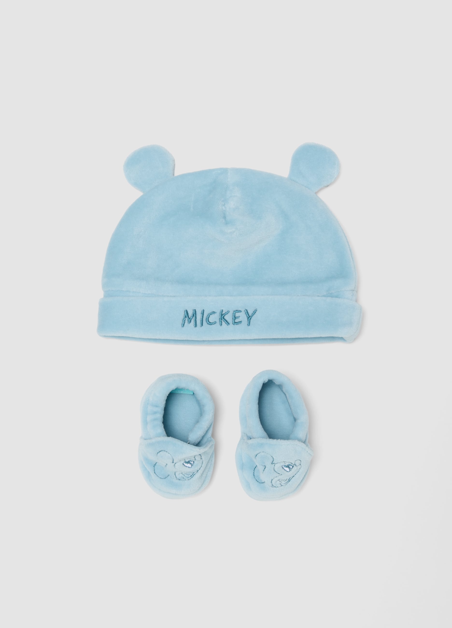 FAGOTTINO, Set Azzurro Con Cappellino E Scarpine Con Scritta Di Mickey Per Neonato, Azzurro, Taglia: ONE SIZE