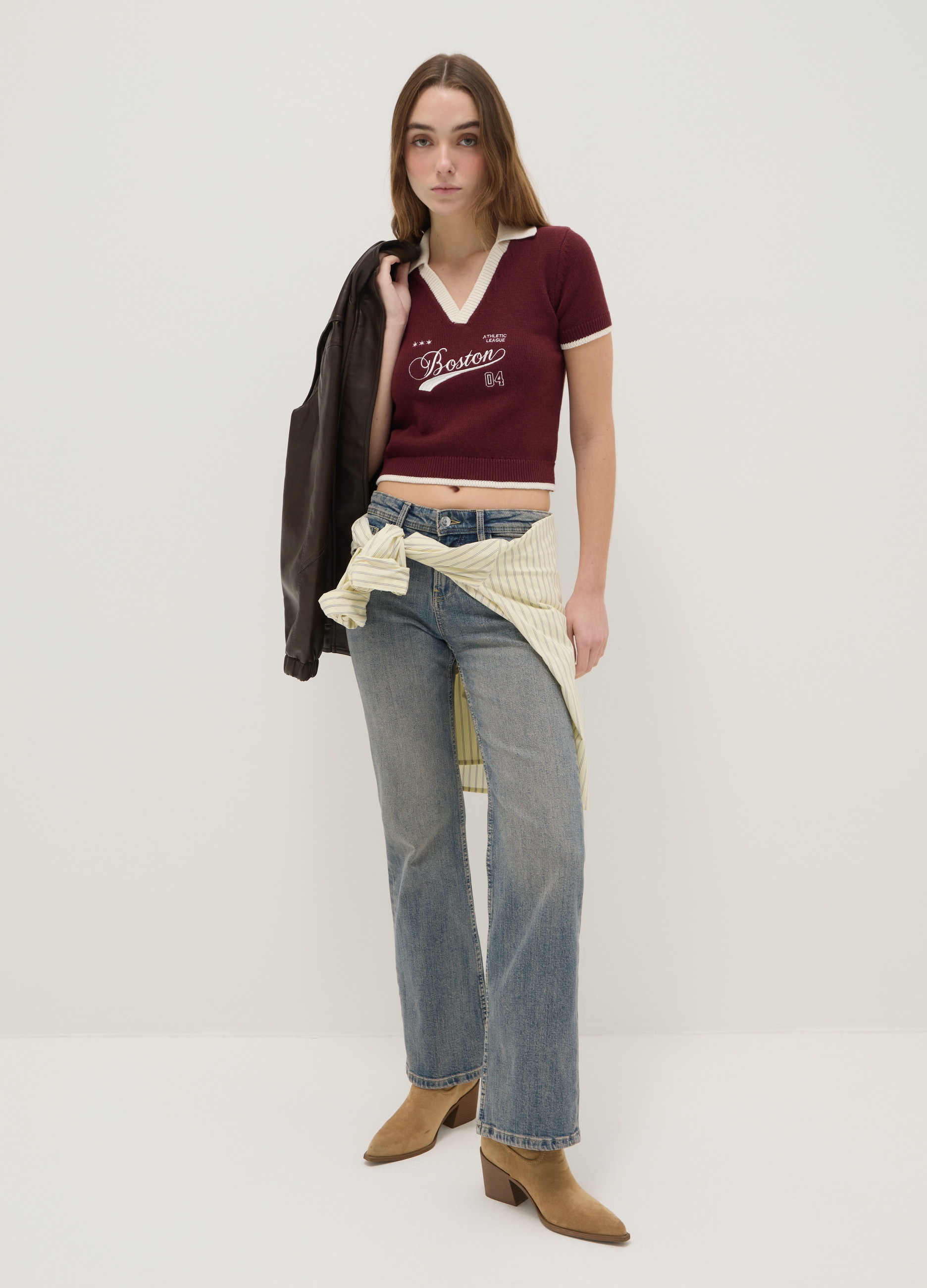 B.ANGEL, Camiseta Roja De Mezcla De Algodón Corte Regular Con Cuello Polo Y Letrero, Mujer, Rojo Oscuro, Talla: 36