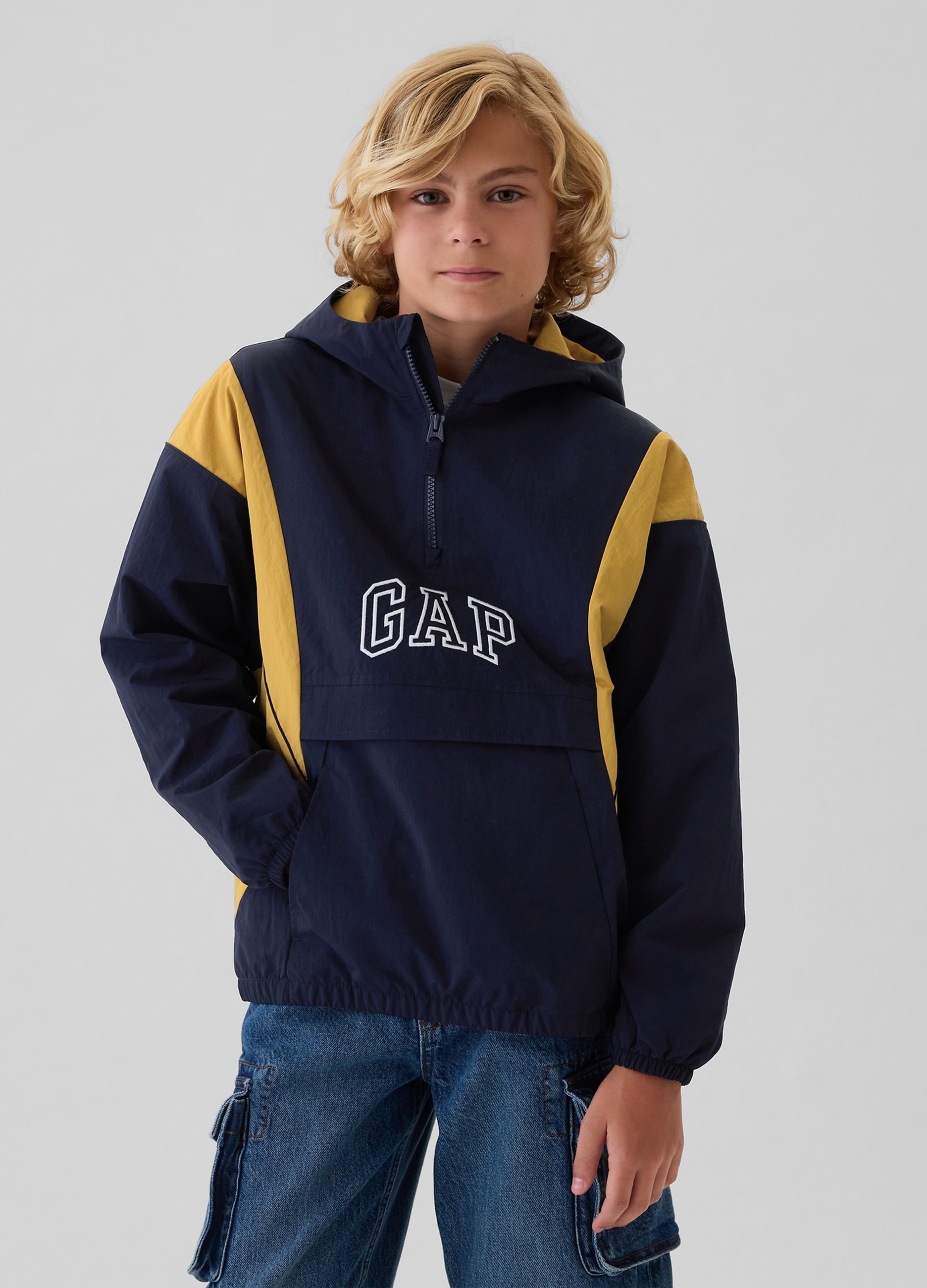 GAP KIDS, Giubbotto Mezza Zip Con Cappuccio E Logo, Bambino, Blu, Taglia: L/137-145