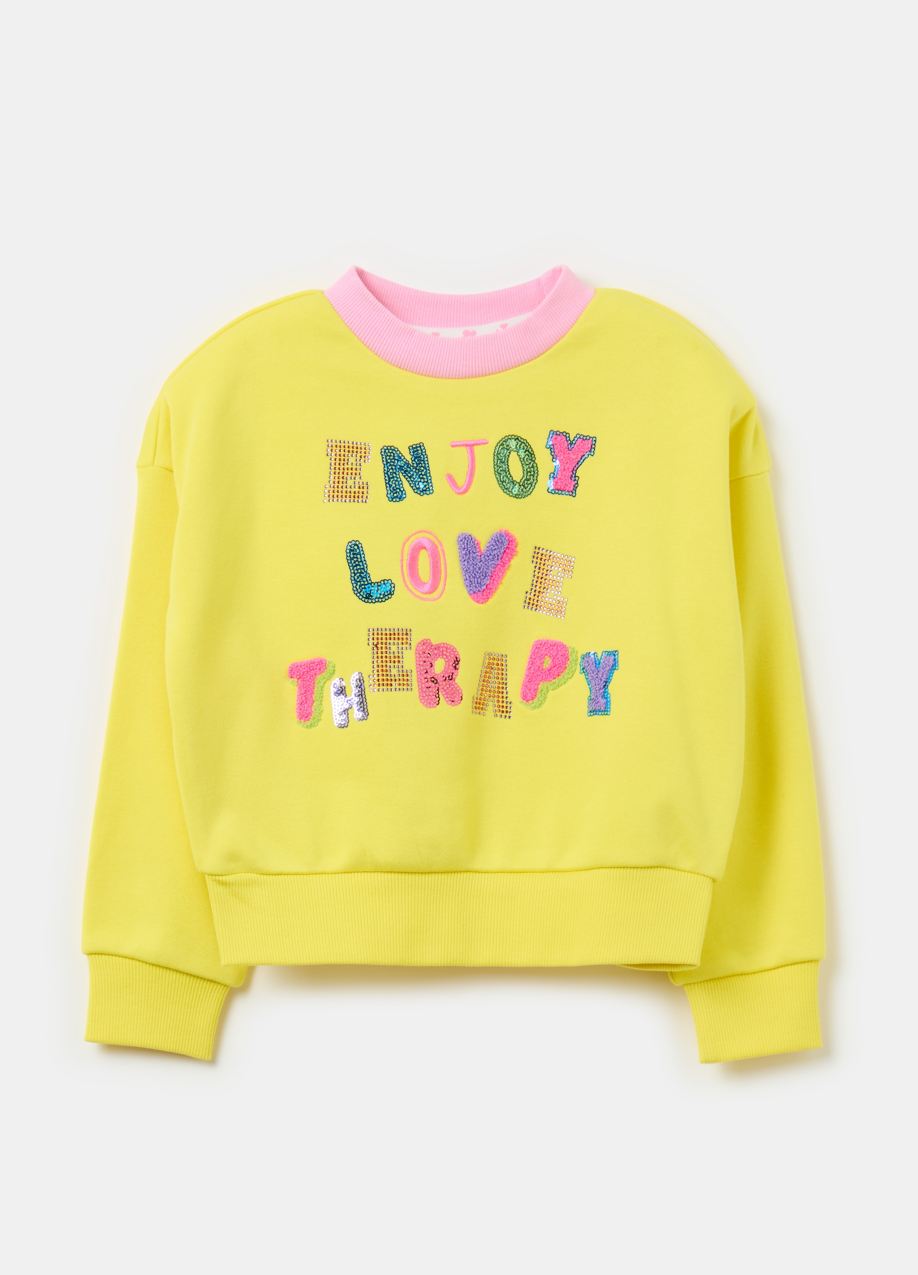 Sudadera Con Aplicación Motivo De Texto, Niña, Amarillo/Rosa, Talla: 6-7