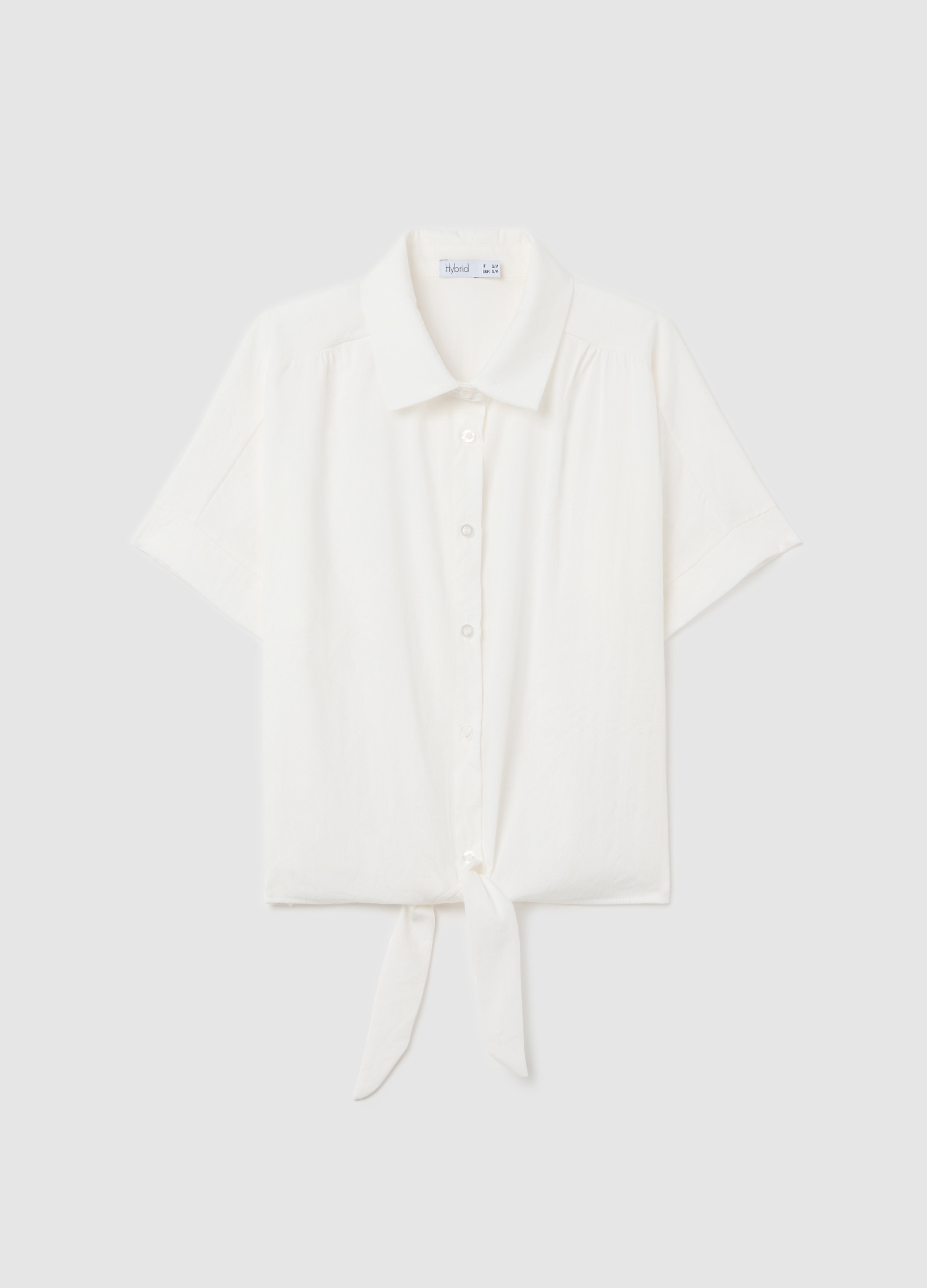 HYBRID, Camicia Bianca Con Nodo A Maniche Corte, Donna, Bianco, Taglia: S/M