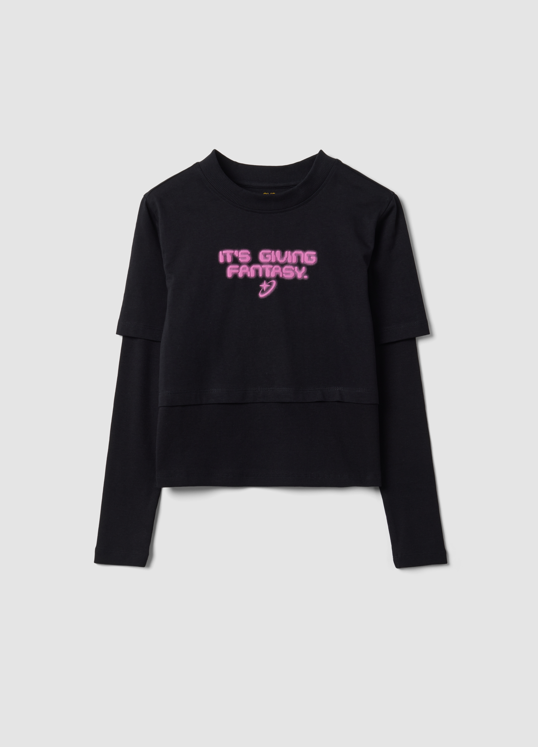 OVS KIDS, T-shirt Nera In Puro Cotone Con Collo A Costine E Stampa Boxy Fit, Bambina, Nero, Taglia: 10-11