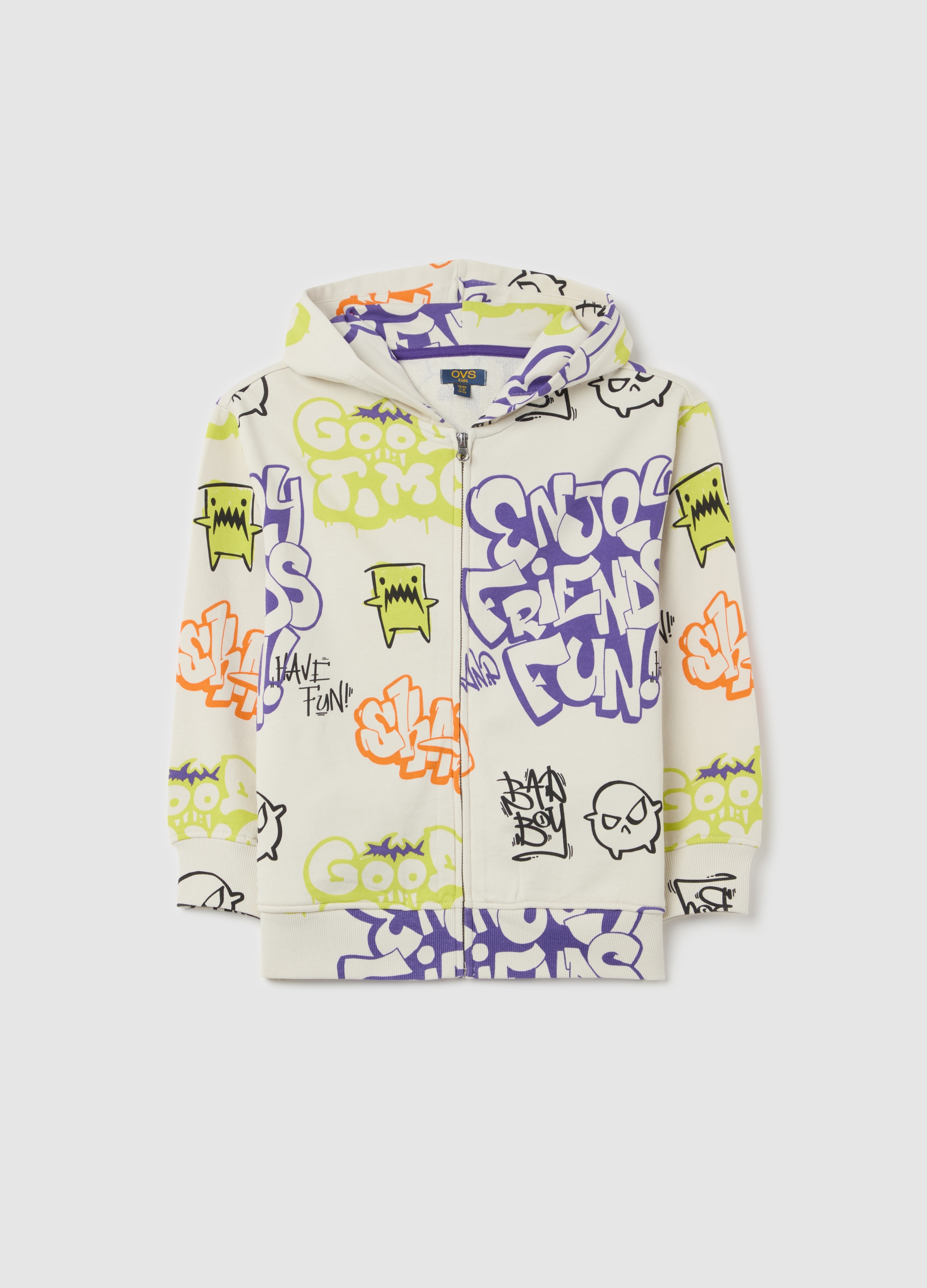 OVS, Full-zip Con Cappuccio Stampa Mostriciattoli Stile Graffiti, Bambino, Bianco, Taglia: 4-5