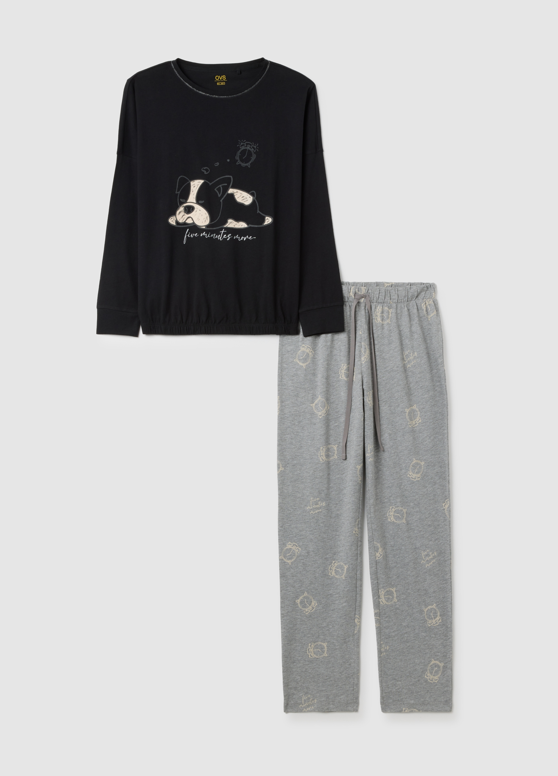 Pigiama In Puro Cotone Multicolor Regular Fit, Mujer, Negro/Gris, Talla: XL