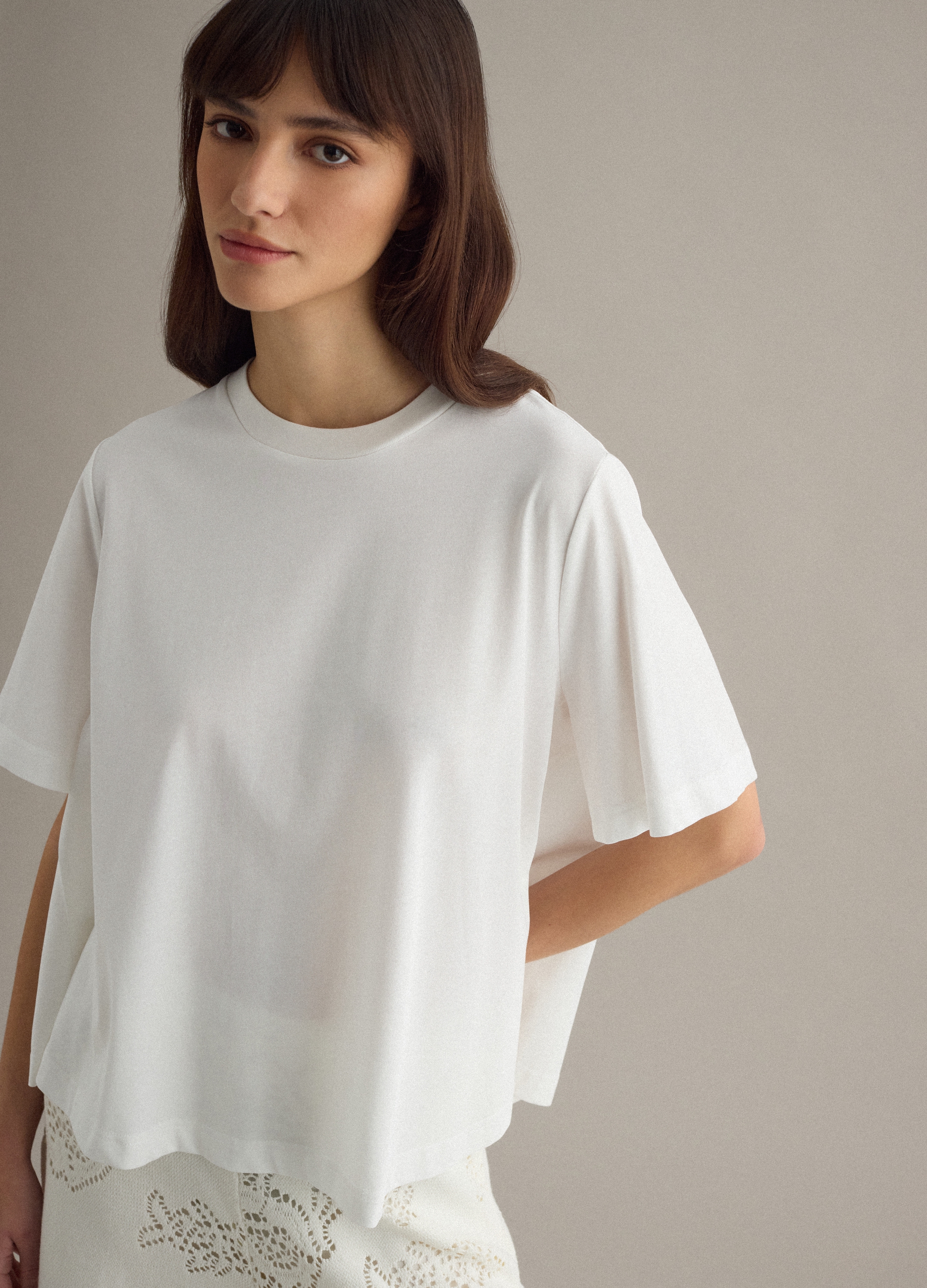 Piombo Contemporary, Camiseta Blanca De Manga Corta En Mezcla De Algodón Ajuste Regular, Mujer, Blanco roto, Talla: 38