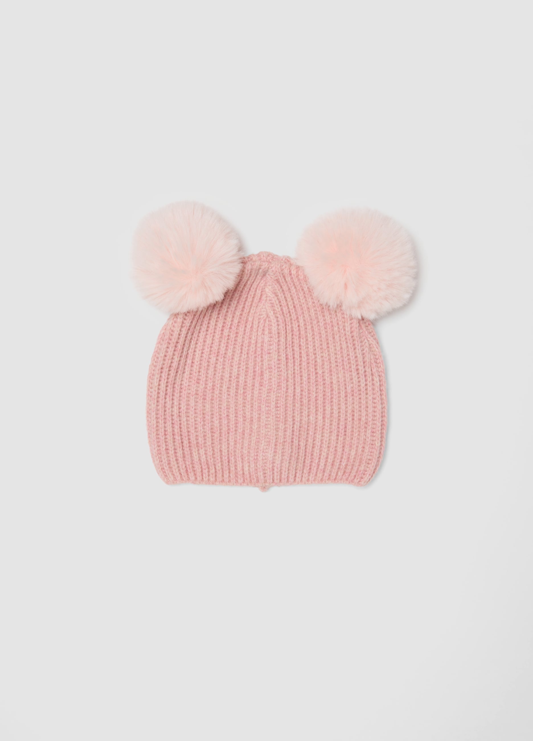 OVS KIDS, Cappello Rosa In Misto Lana A Costine Con Due Pompon, Bambina, Beige, Taglia: 56