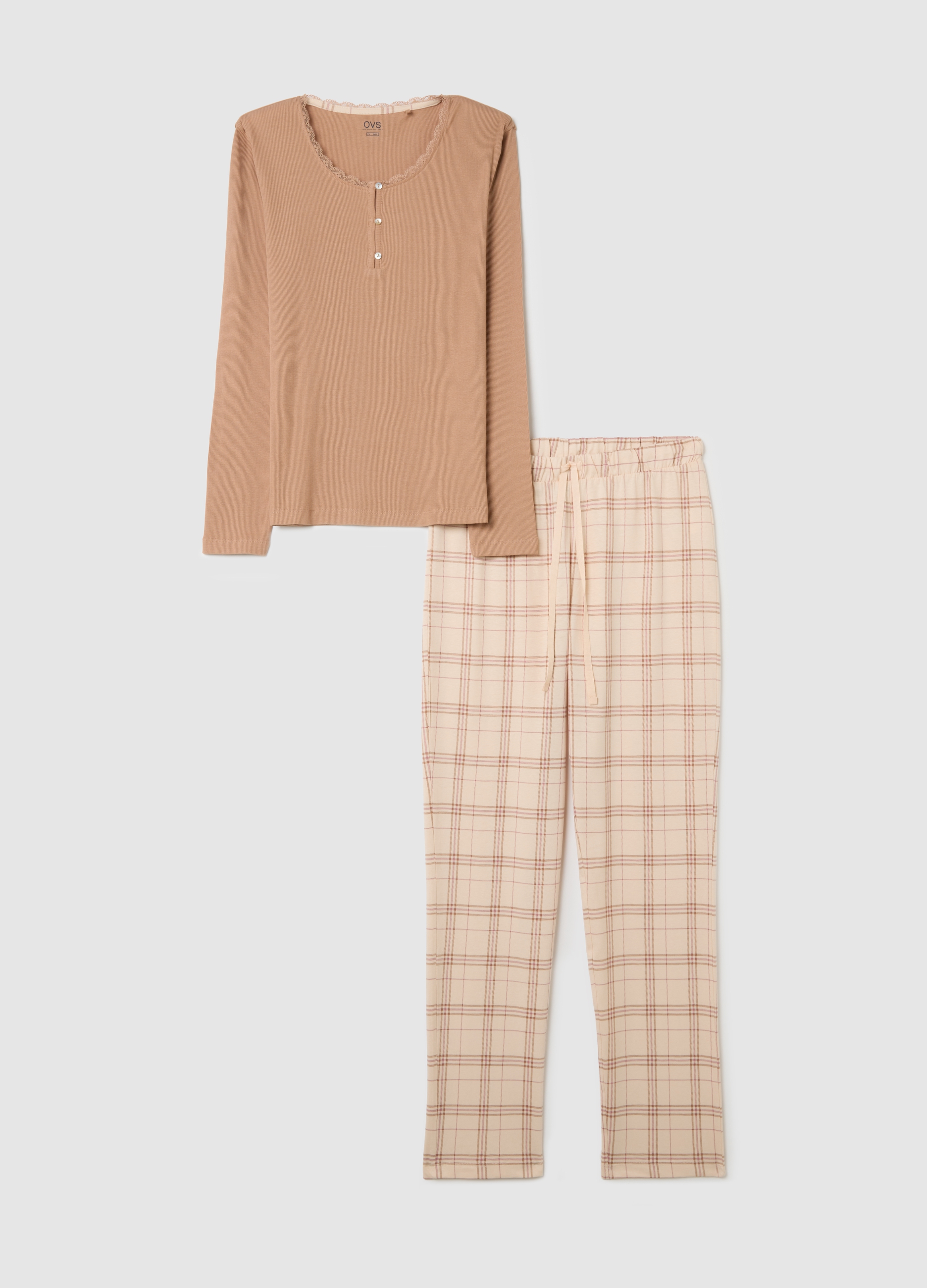 Pijama Beige De Algodón Puro Ajuste Regular, Mujer, Beige Claro, Talla: XL