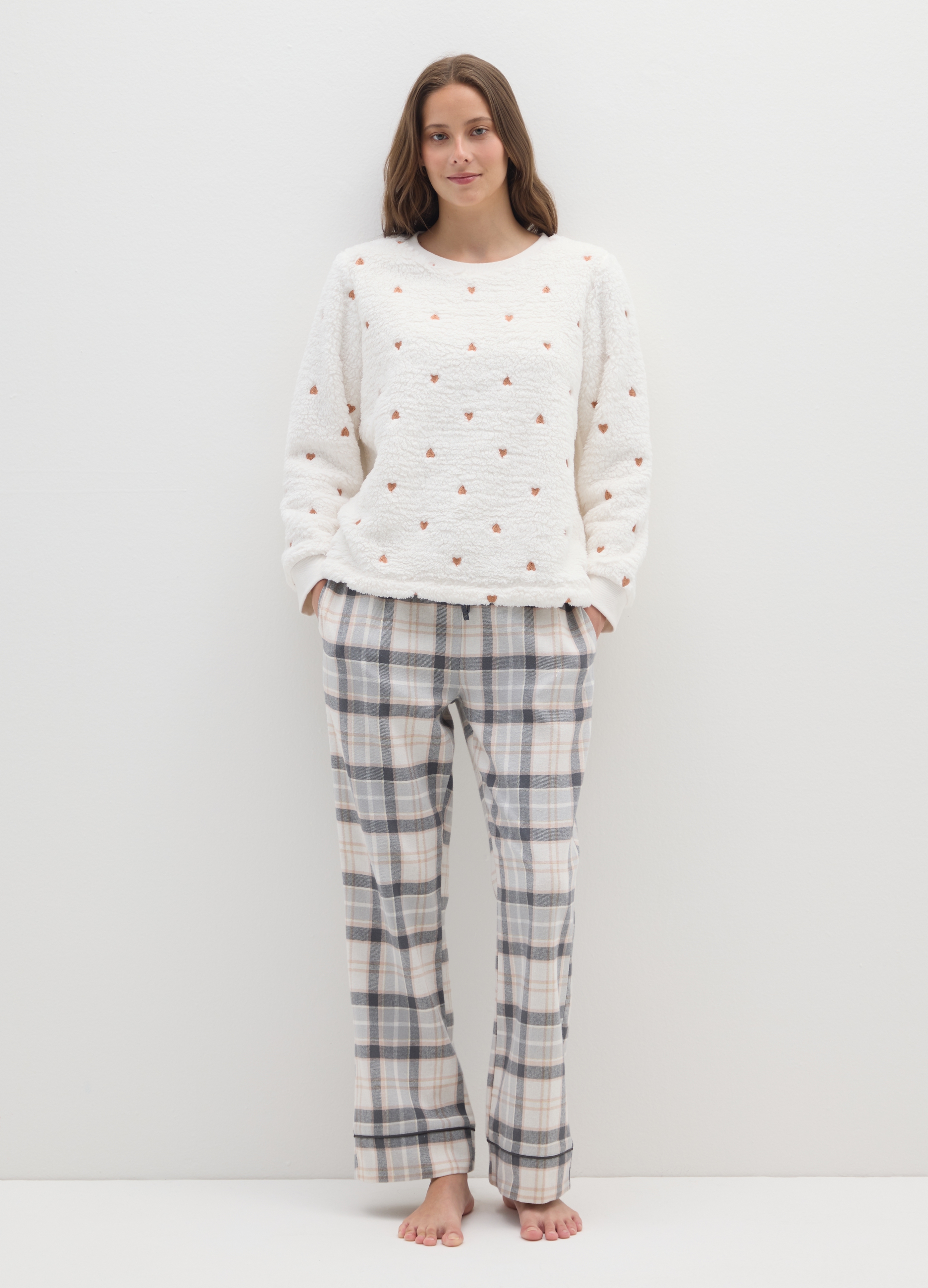 Pantalones De Pijama De Franela Gris A Cuadros Ajuste Regular, Mujer, Blanco/gris, Talla: S