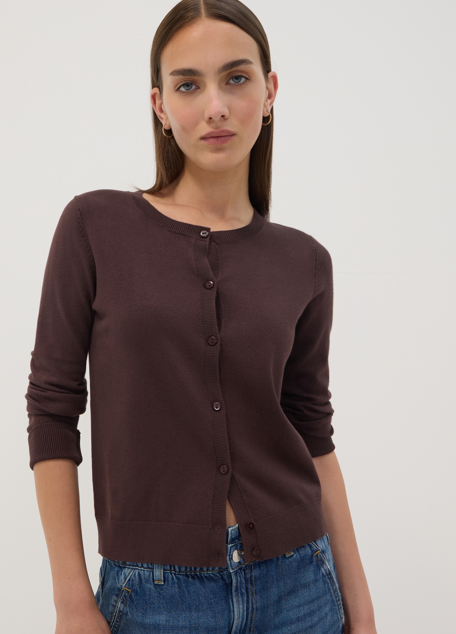 OVS, Cardigan Marrone In Misto Viscosa A Girocollo Regular Fit, Donna, Marrone, Taglia: S