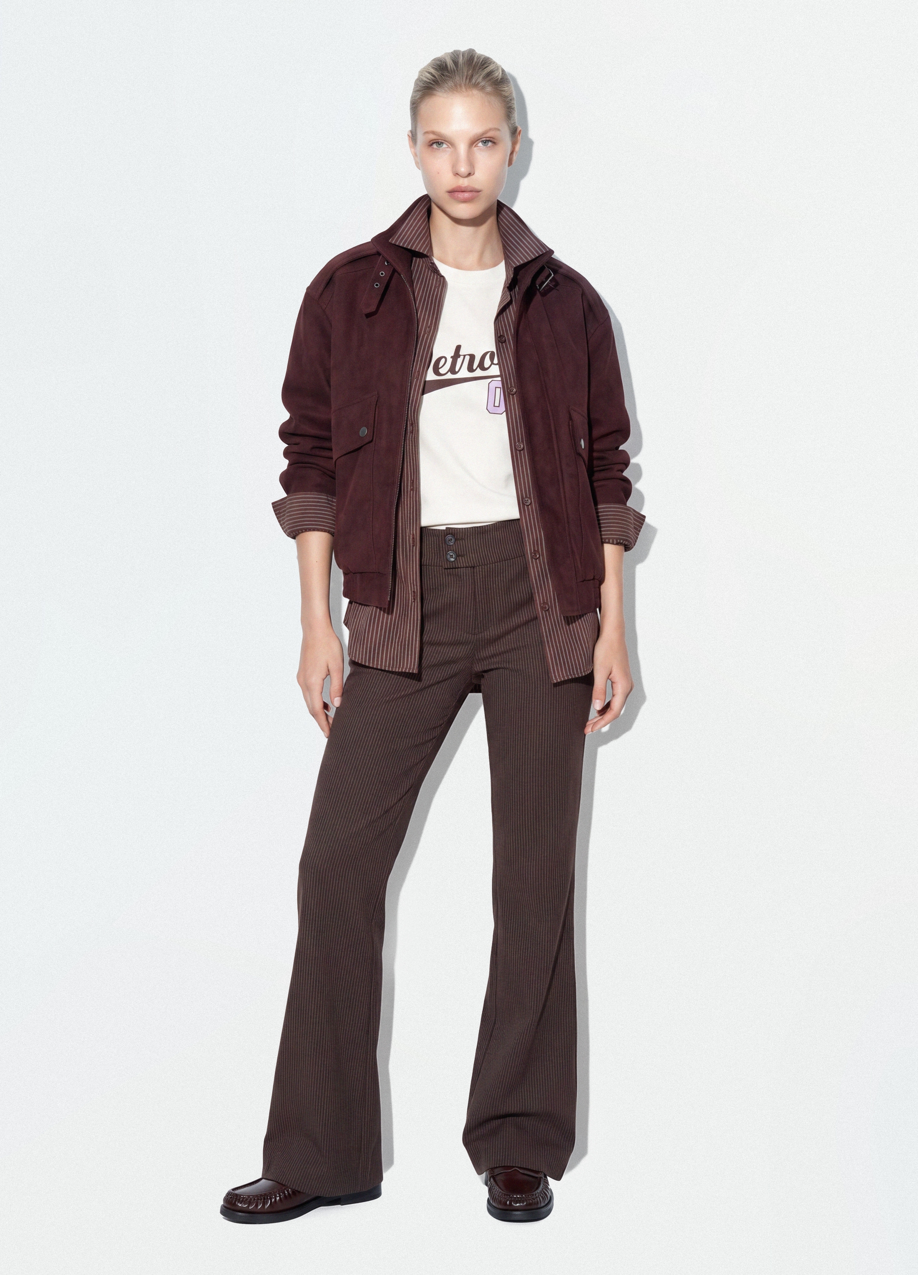 B.ANGEL, Pantaloni Marroni Flare In Viscosa Elasticizzata Con Fantasia Gessata, Donna, Marrone, Taglia: 40