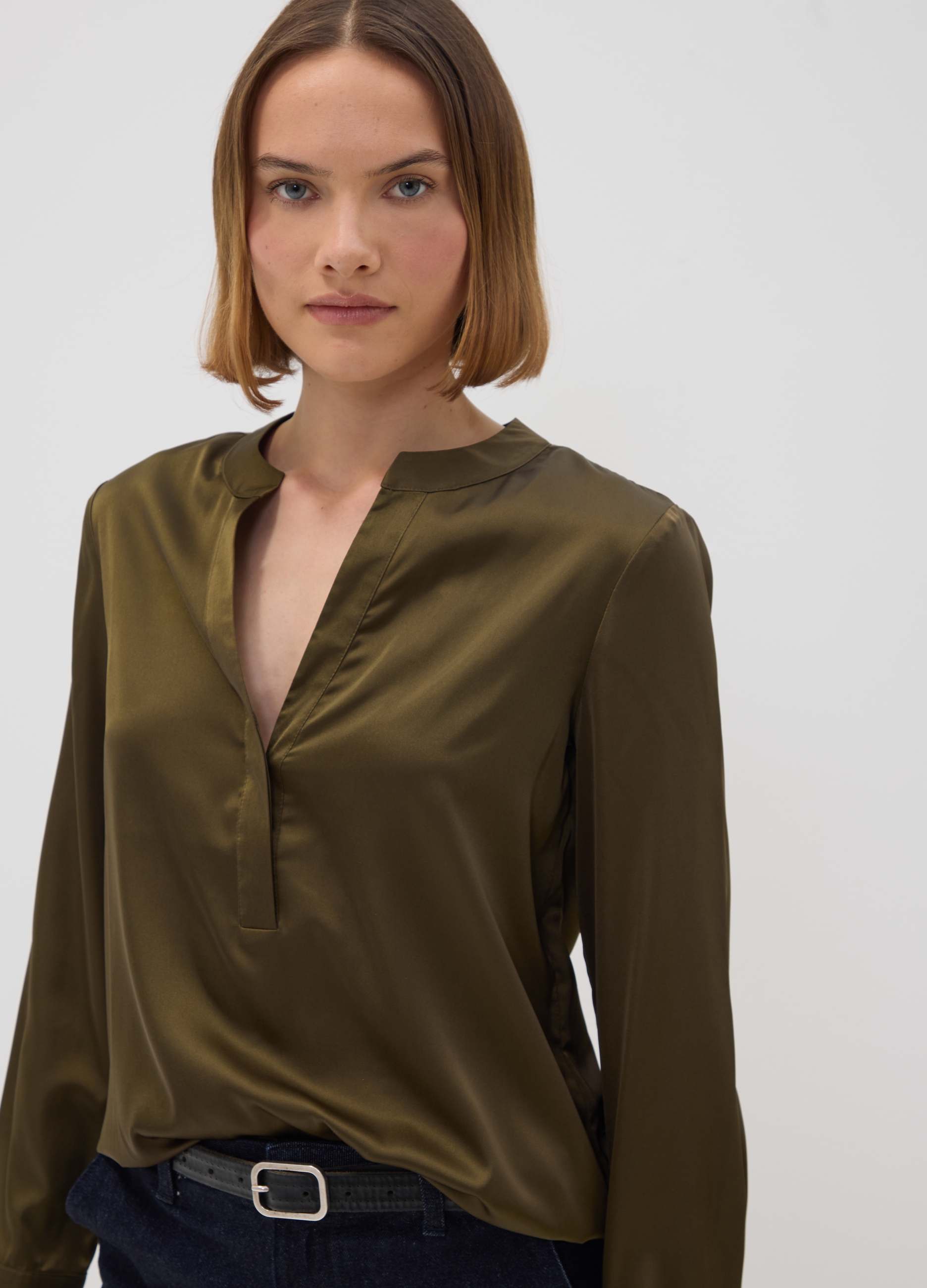 OVS, Camicia Verde In Tessuto Elasticizzato Con Collo Coreano, Donna, Verde, Taglia: 46