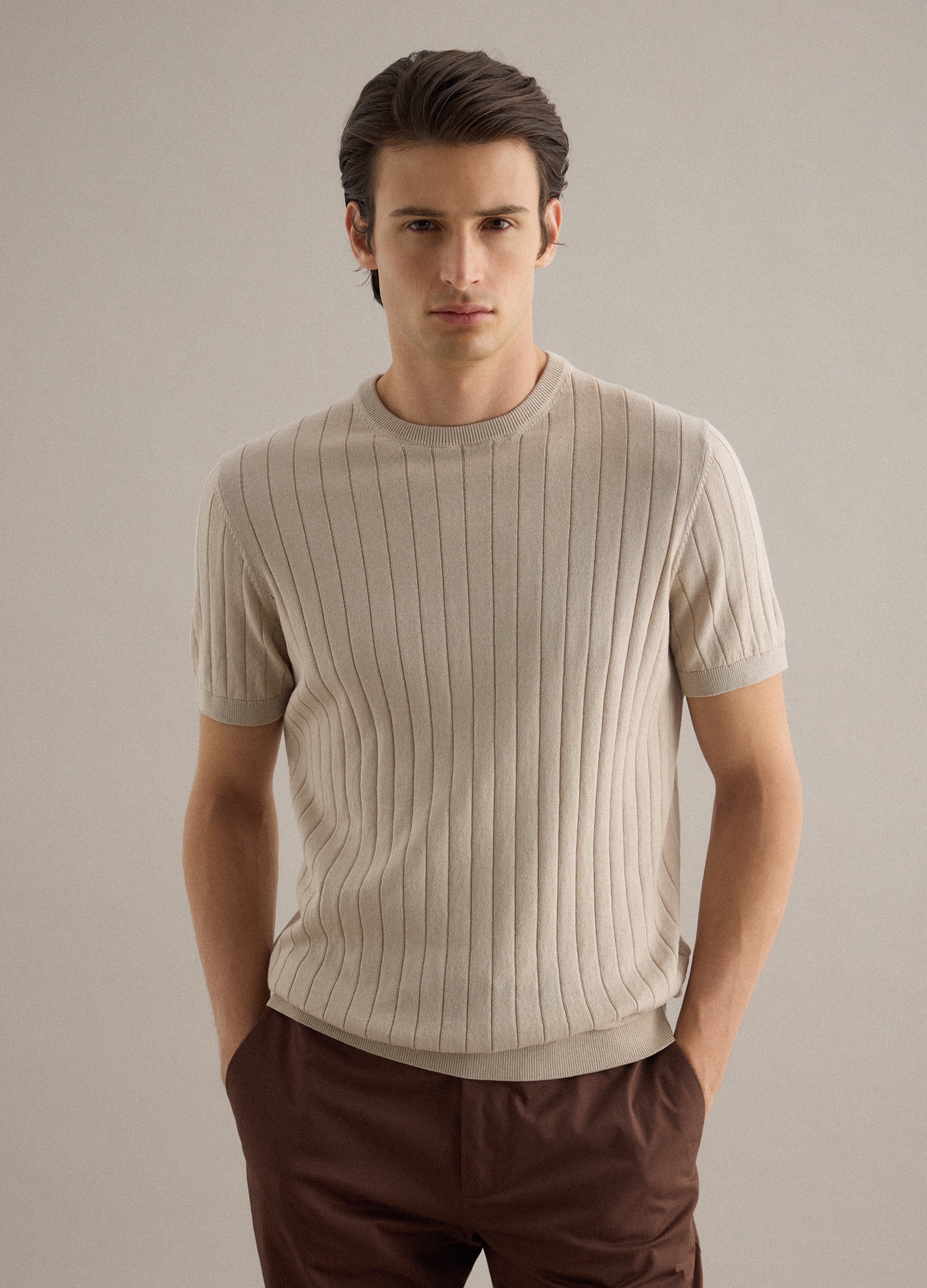 Piombo Contemporary, Camiseta De Algodón Puro Beige A Rayas, Ajuste Regular, Hombre, Beige Claro, Talla: S