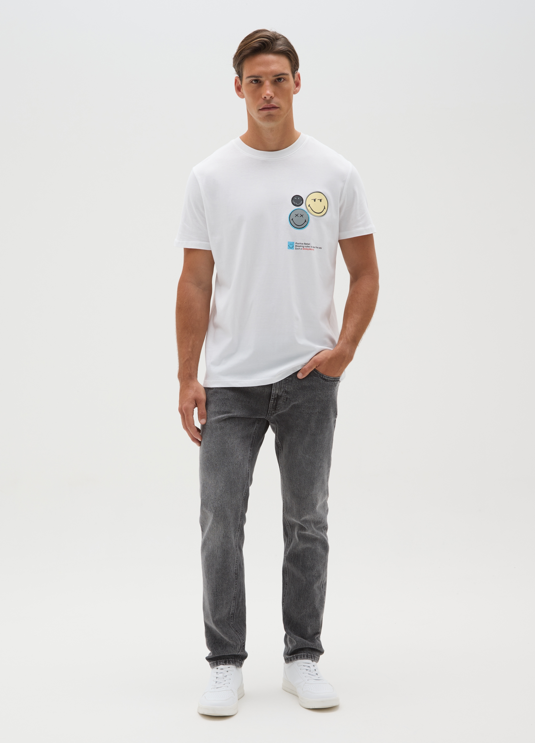 OVS , T-shirt Smileyworld® In Puro Cotone Bianco Regular Fit Con Patch, Uomo, Bianco, Taglia: S