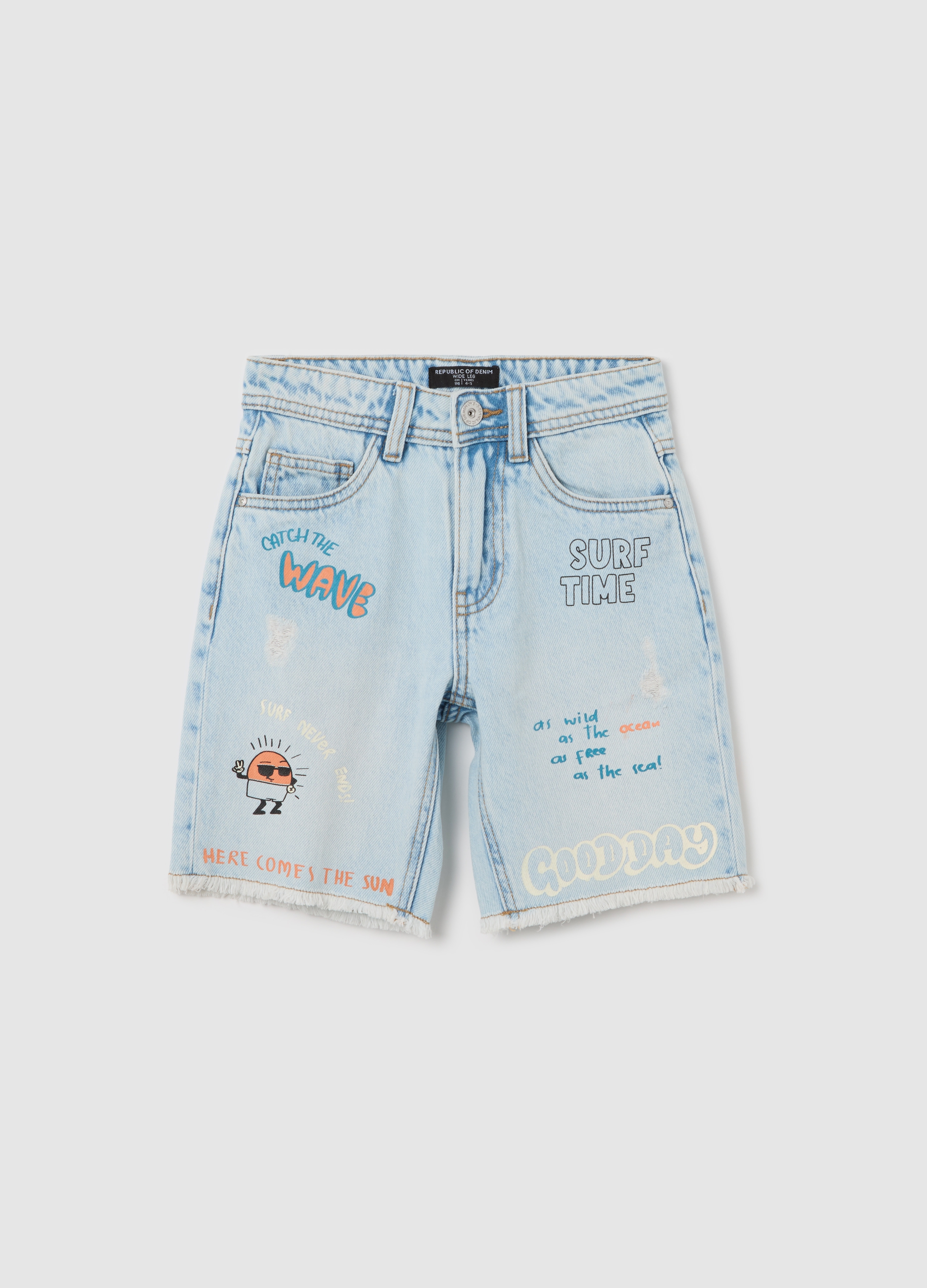 OVS, Bermuda In Denim Chiaro Cinque Tasche Con Stampa, Bambino, Denim, Taglia: 3-4