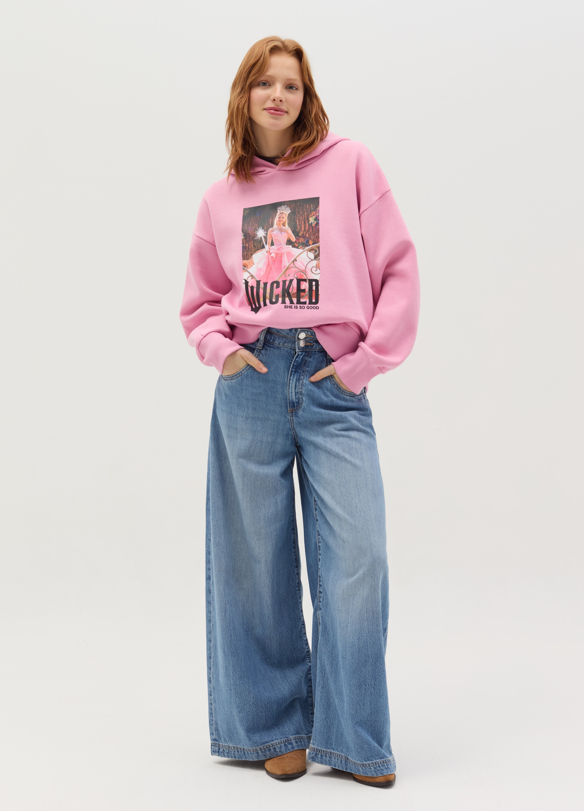 OVS, Felpa Con Cappuccio Stampa Wicked, Donna, Rosa, Taglia: L