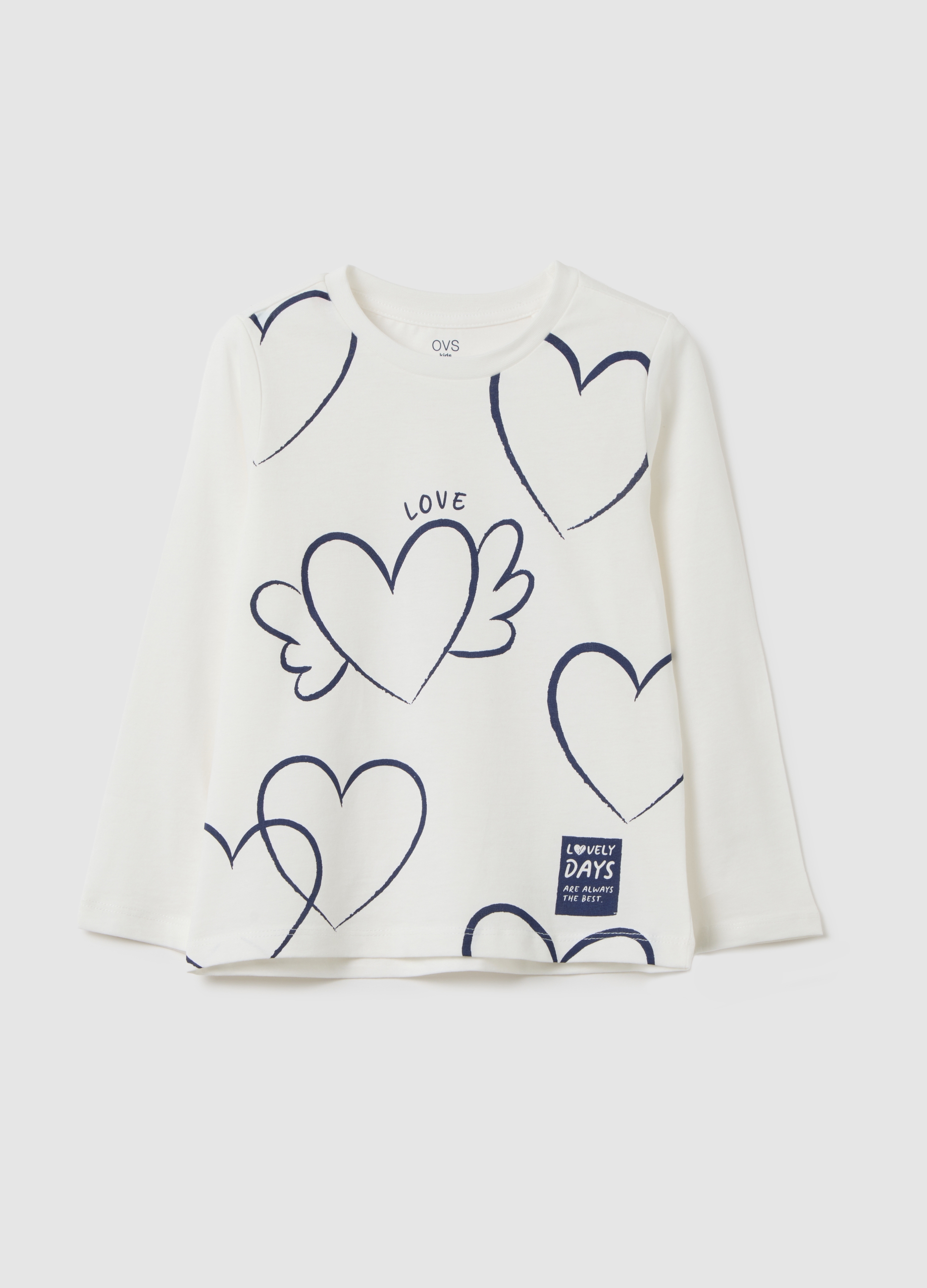 OVS KIDS, Camiseta De Niña De Algodón Puro Blanca Ajuste Regular Con Corazones, Niña, Blanco óptico, Talla: 8-9