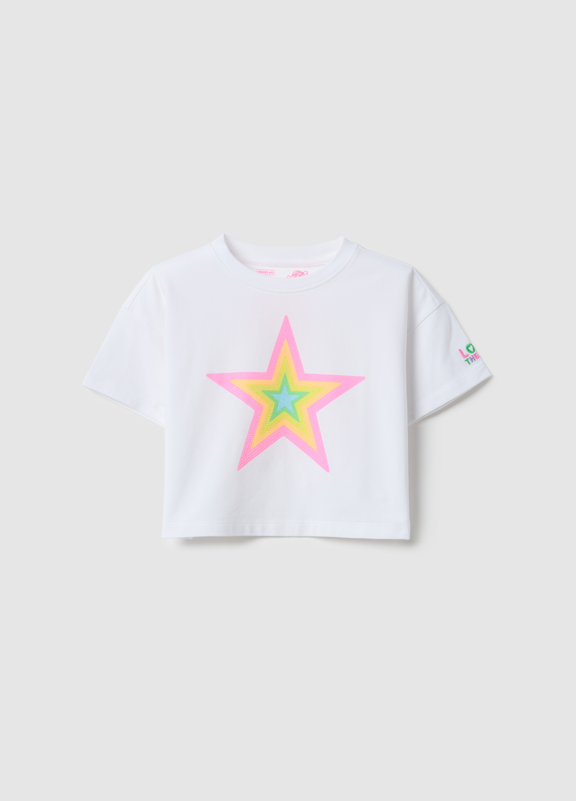 LOVE THERAPY, Camiseta Blanca Para Niña En Algodón Elástico Ajuste Boxy Con Estrella, Niña, Blanco óptico, Talla: 9-10