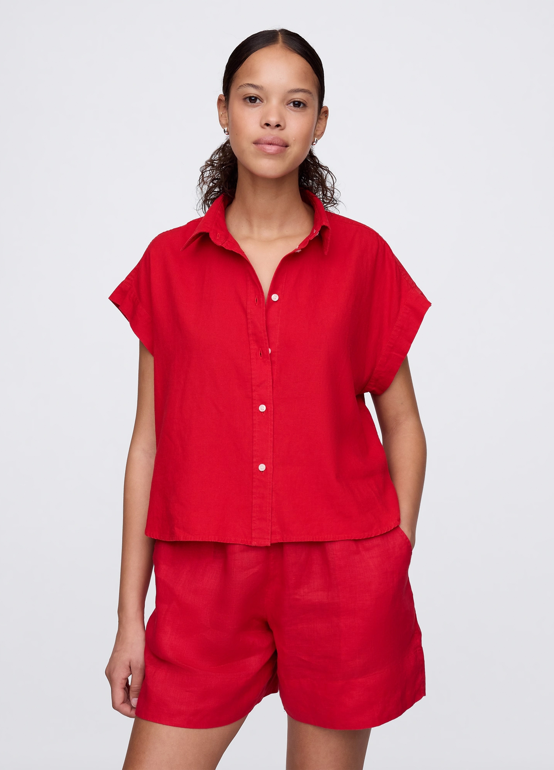 GAP, Camicia Rossa In Lino E Viscosa, Donna, Rosso, Taglia: XS