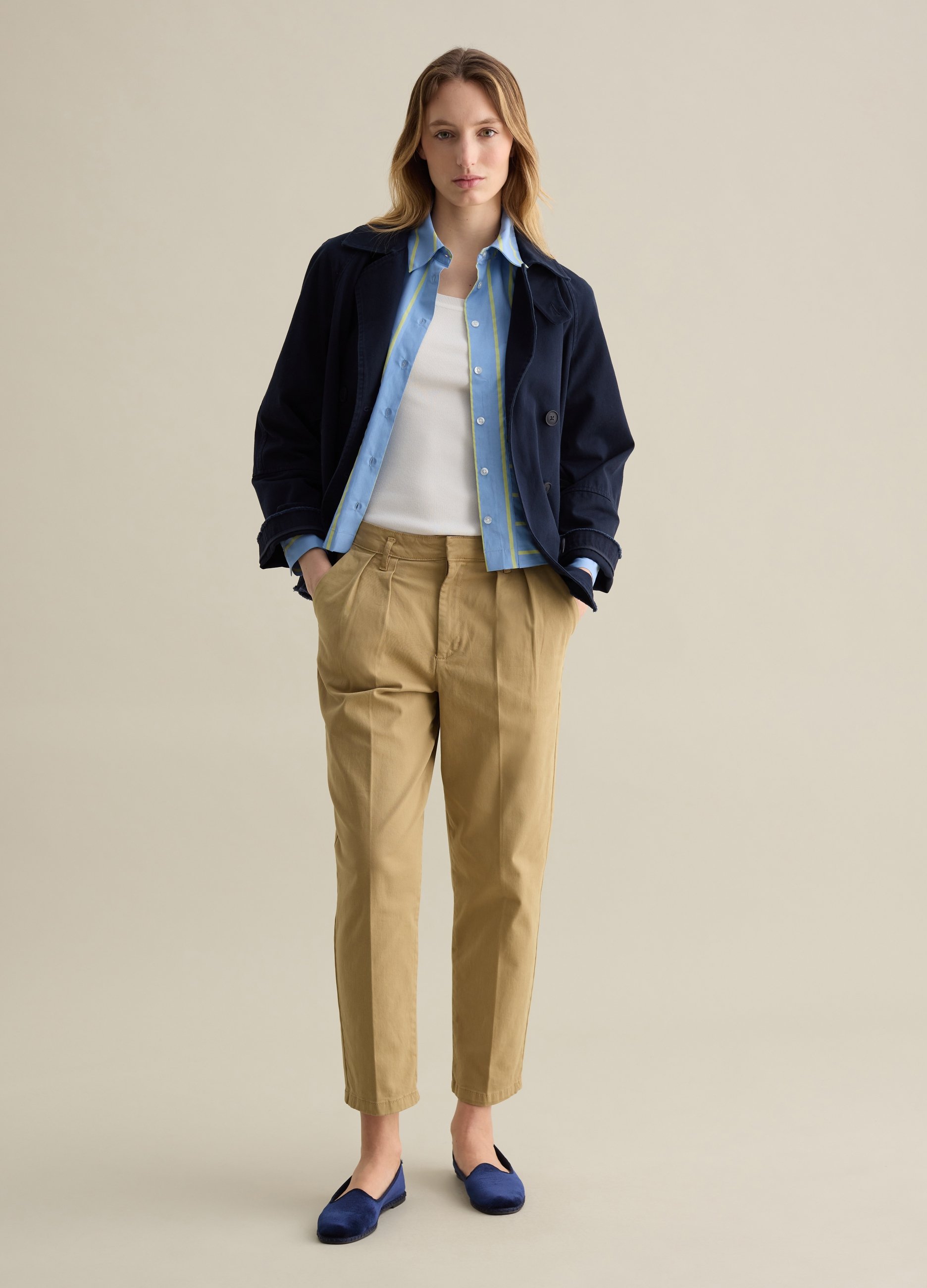PIOMBO, Gabardina Corta Cruzada De Algodón, Mujer, Azul marino, Talla: XS