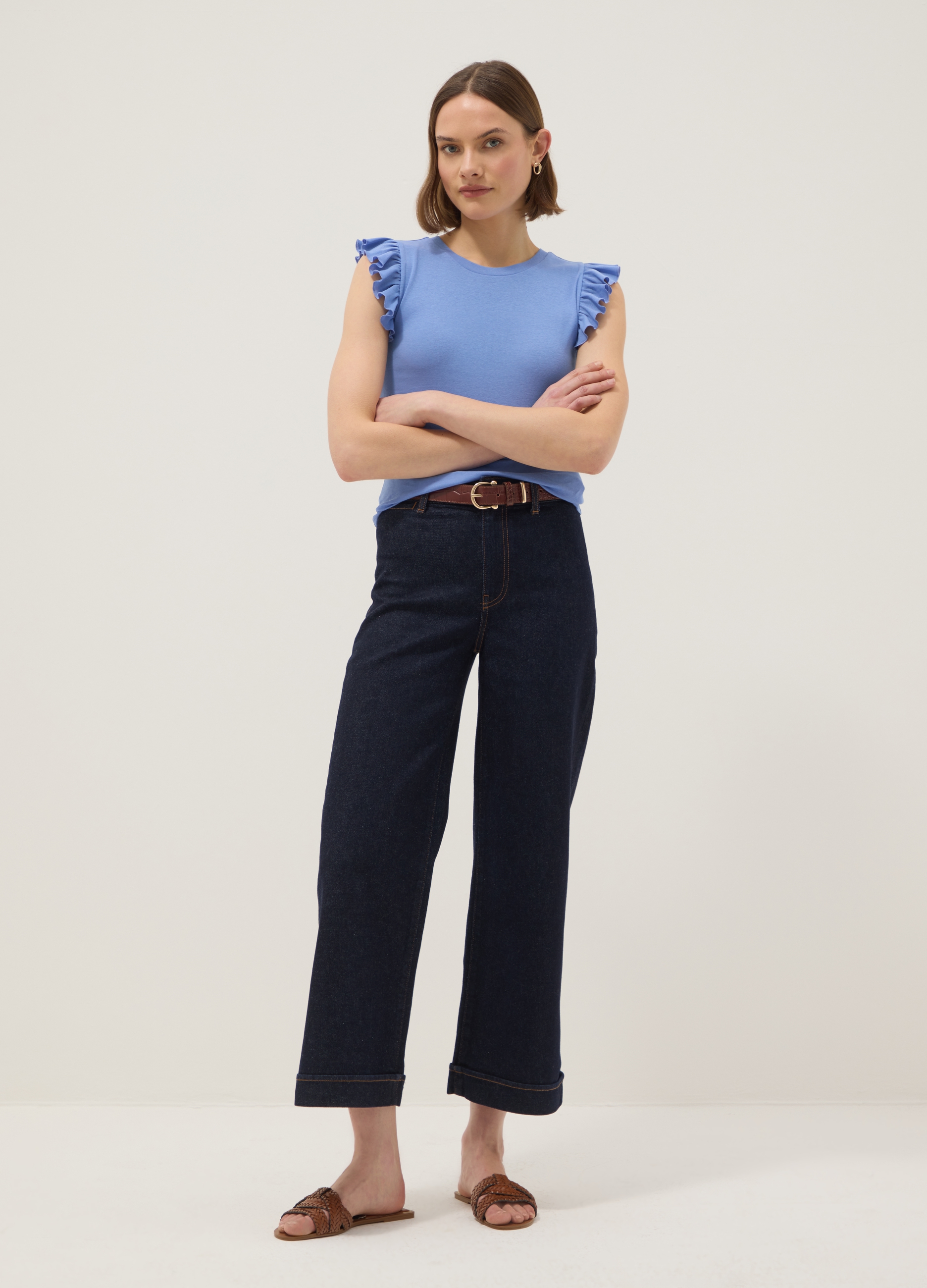 Camiseta Azul Cielo Slim Fit De Algodón Puro Con Volantes, Mujer, Azul Cielo, Talla: XXL