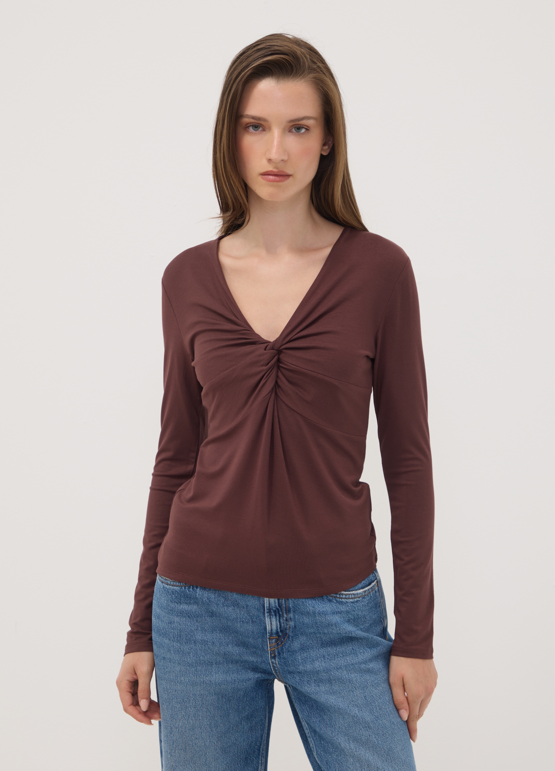 OVS, T-shirt Marrone In Viscosa Elasticizzata Con Arricciatura Frontale Slim Fit, Donna, Marrone, Taglia: S