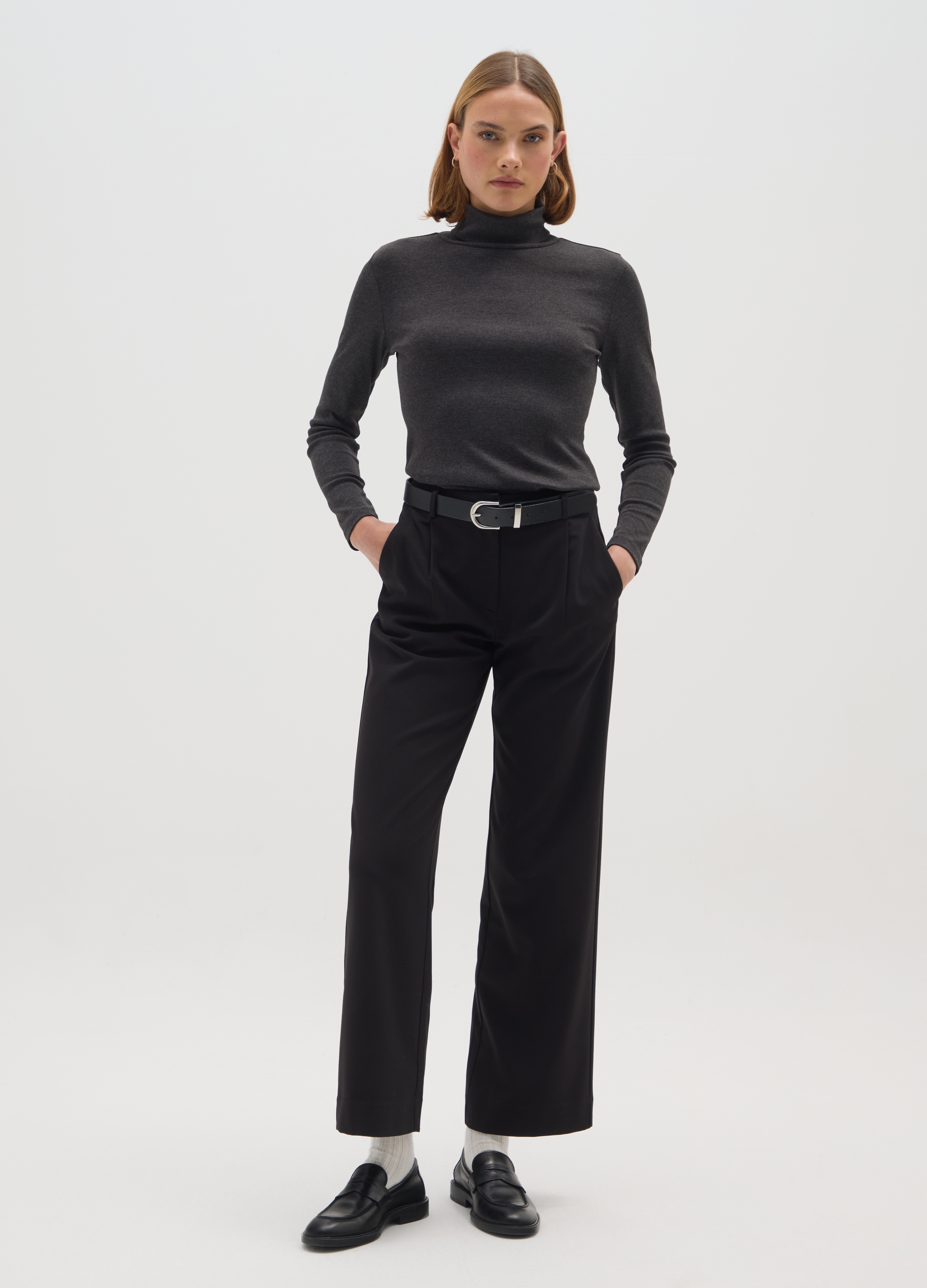 Cuello Alto Gris En Mezcla De Algodón Estilo Regular, Mujer, Gris oscuro jaspeado, Talla: 38