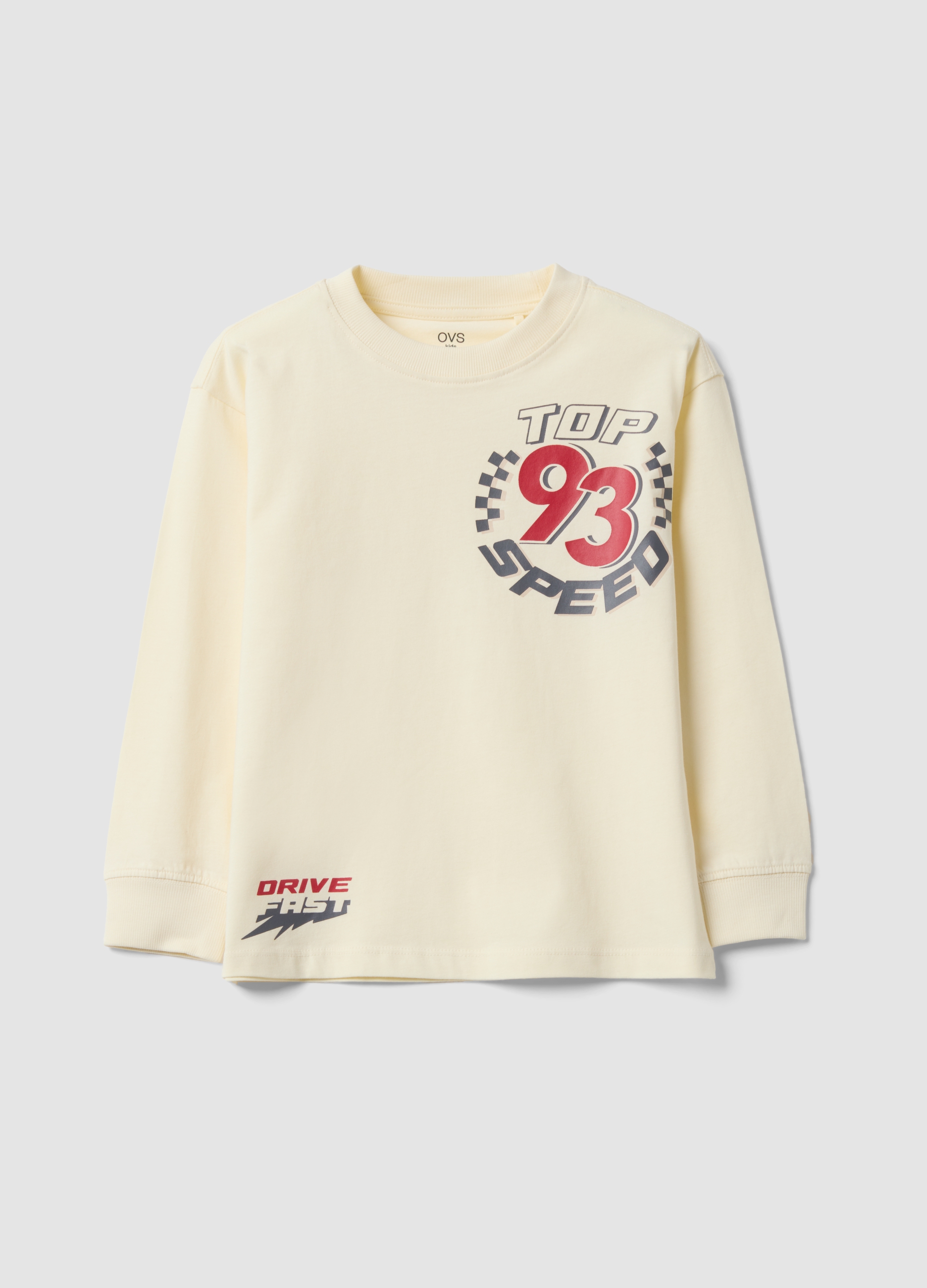 OVS KIDS, T-shirt Bianca In Puro Cotone Con Girocollo E Stampa Top Speed, Bambino, Bianco, Taglia: 4-5