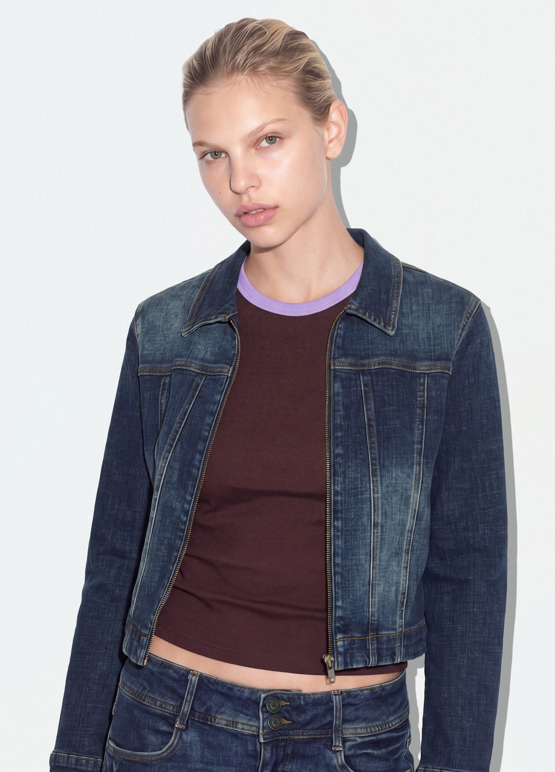 B.ANGEL, Giacca Blu In Denim Di Cotone Elasticizzato Con Zip Slim Fit, Donna, Blu, Taglia: XS
